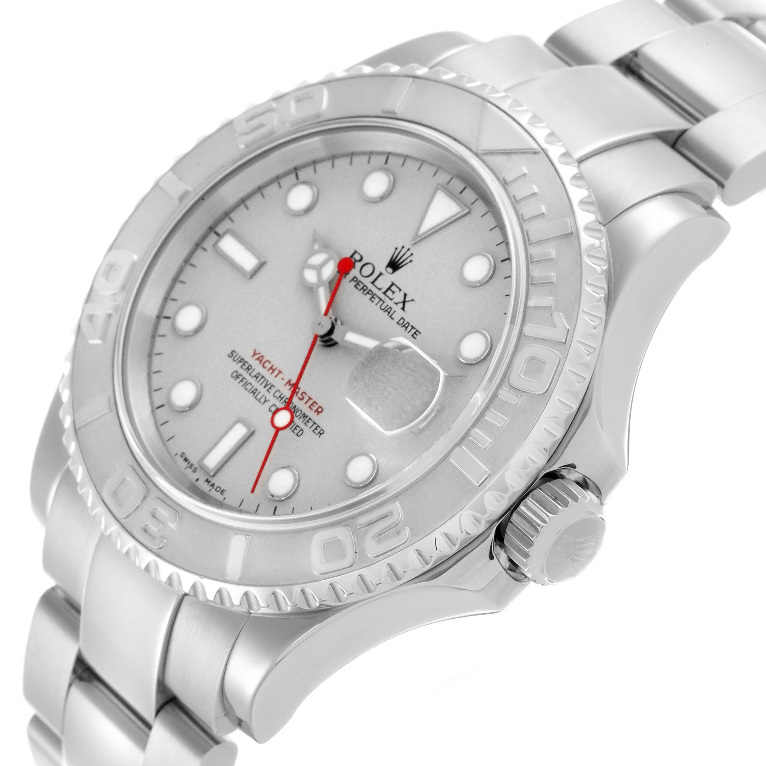 The Rolex Yacht-Master 16622 Men
s Stainless Steel Silver Dial 16622 Men
s Stainless Steel Silver Dial watch is shown at an angled side view, highlighting the case, bezel, dial, crown, and part of the bracelet.