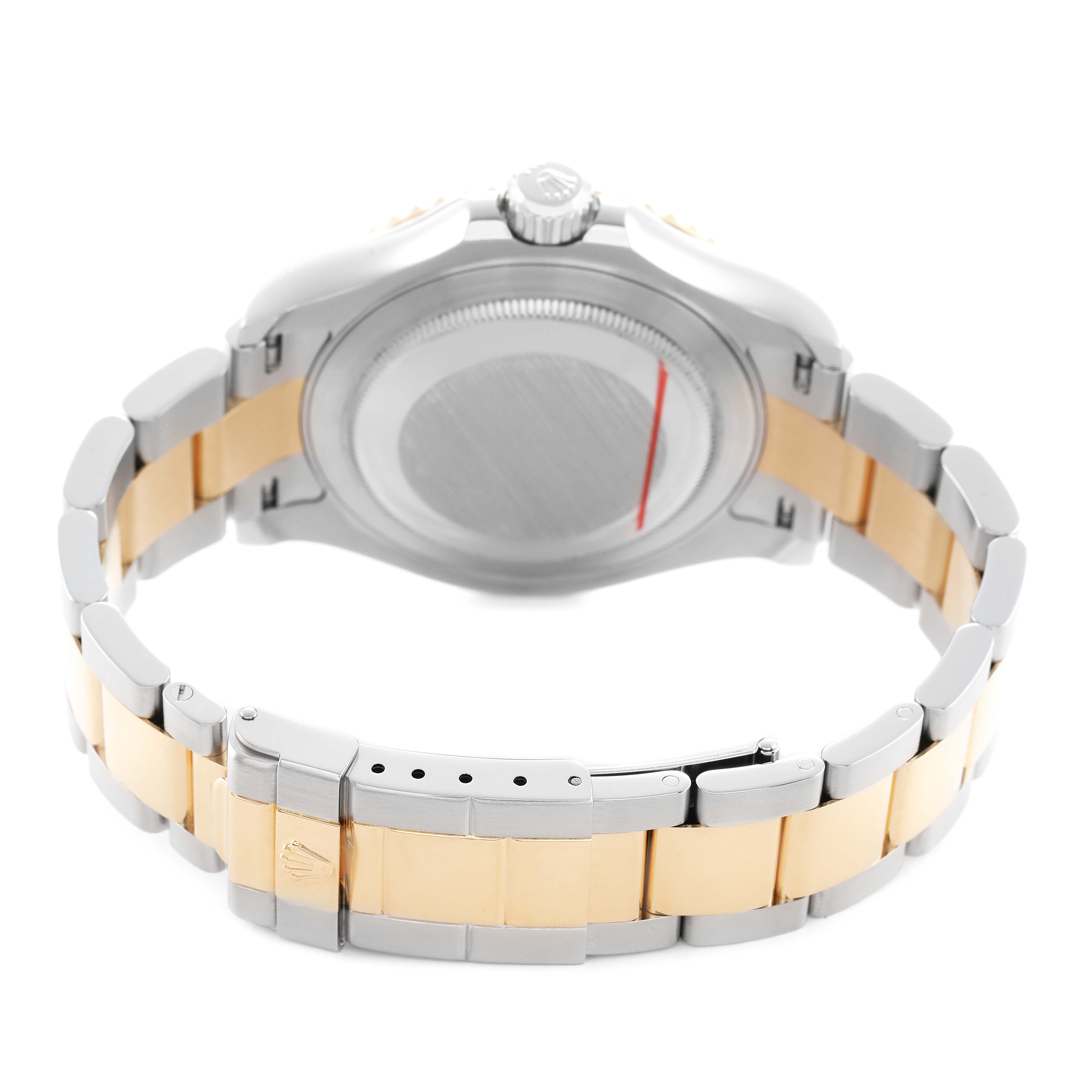 The image shows the back of a Rolex Yacht-Master 16623 Men's Steel and Gold (two tone) Blue Dial watch focusing on its case back and two-tone bracelet.