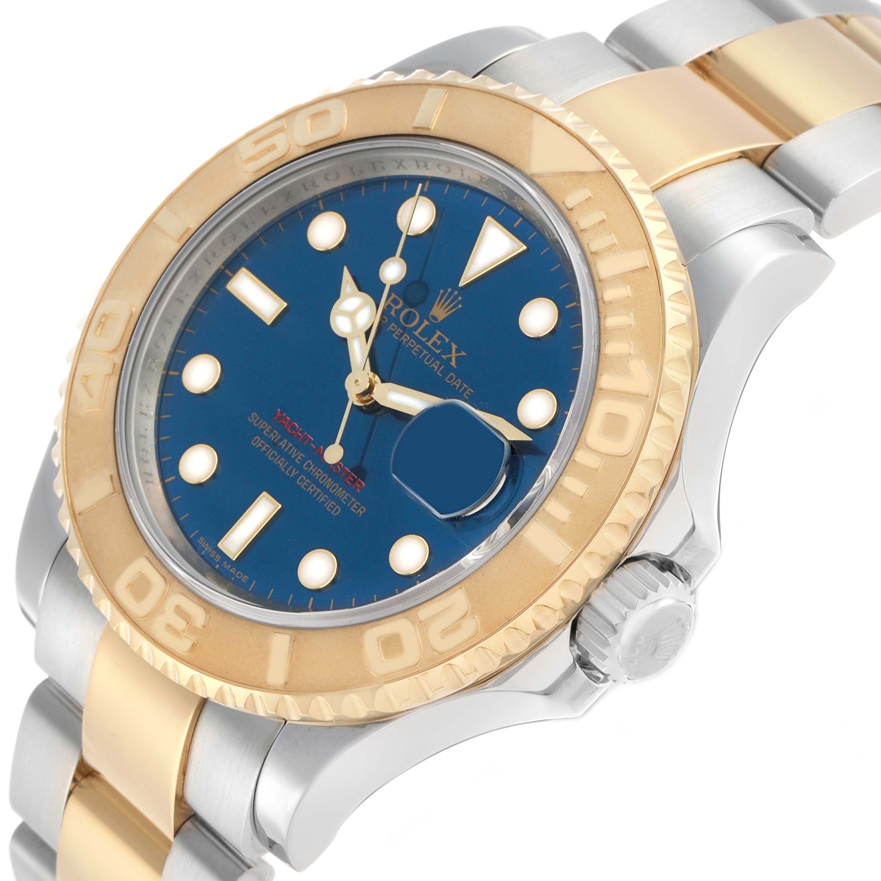 The Rolex Yacht-Master 16623 Men's Steel and Gold (two tone) Blue Dial watch is shown at an angle highlighting the blue face, gold bezel, crown, and two-tone bracelet.
