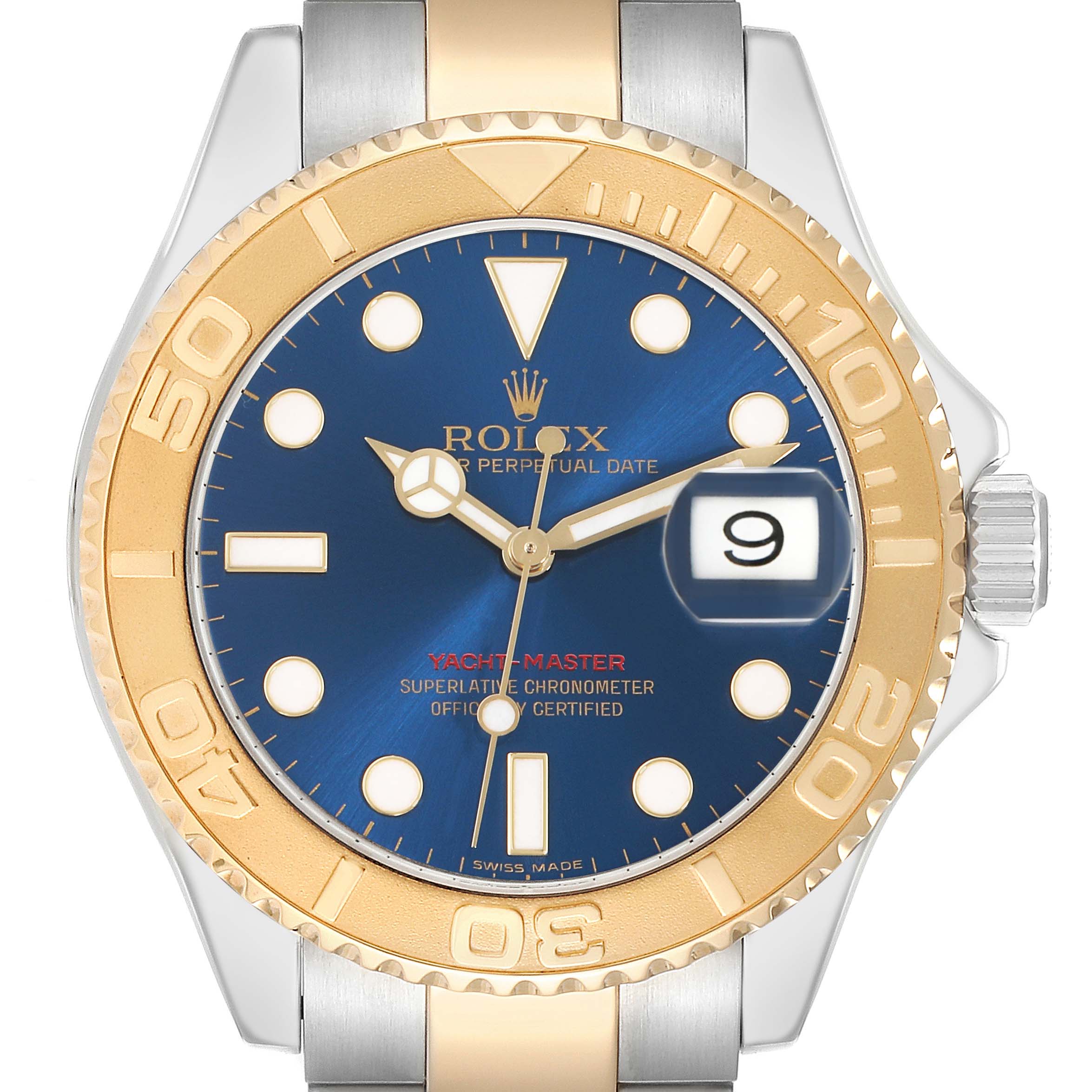 The Rolex Yacht-Master 16623 Men's Steel and Gold (two tone) Blue Dial watch is shown from a top-down angle, highlighting its blue dial, gold bezel, and bracelet detail.