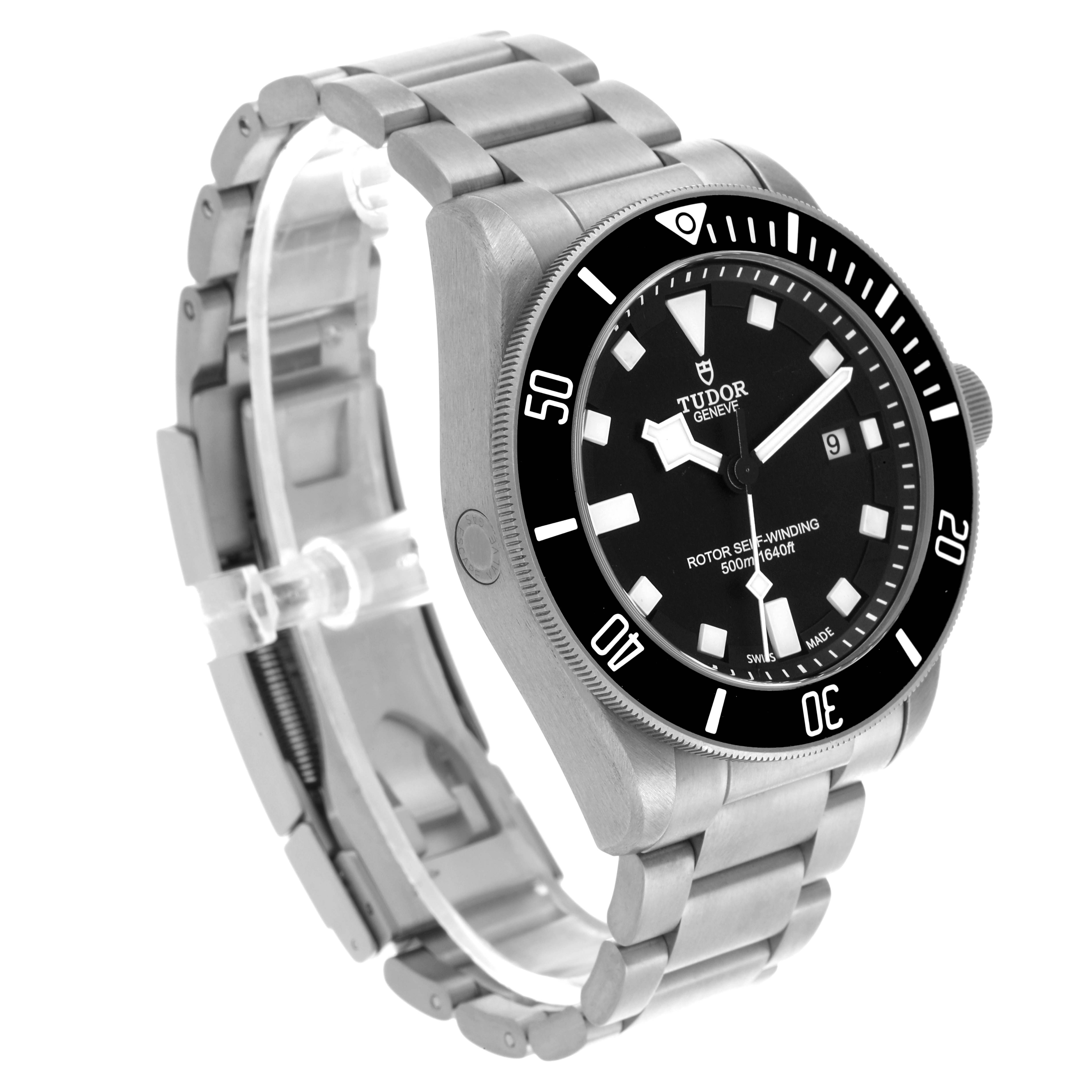 The Tudor Pelagos 25500TN Men
s Titanium Black Dial 25500TN Men
s Titanium Black Dial watch is shown at a three-quarter angle, displaying the face, bezel, crown, and part of the bracelet.