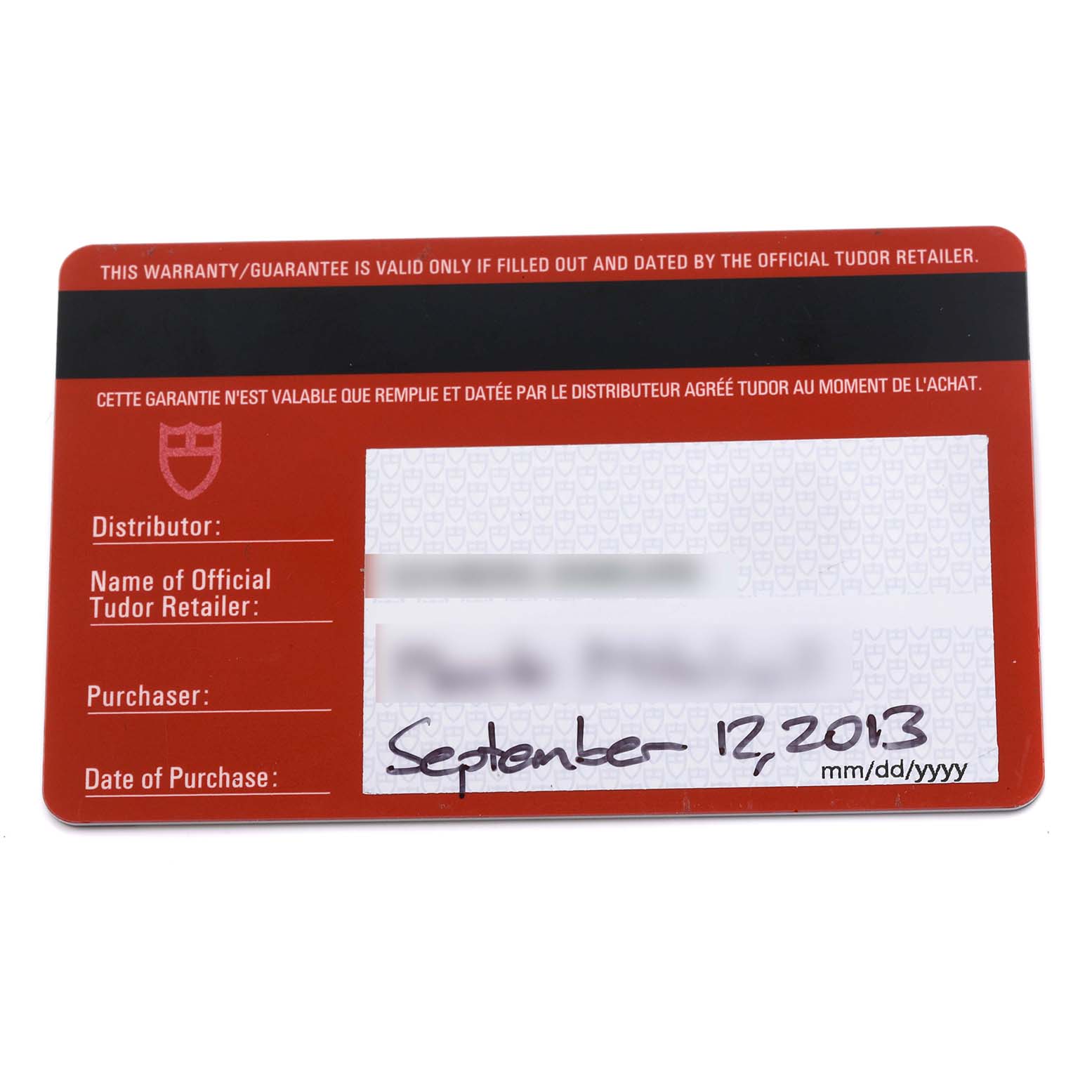 The image shows a warranty card for a Tudor Pelagos 25500TN Men
s Titanium Black Dial 25500TN Men
s Titanium Black Dial watch, featuring purchase details.