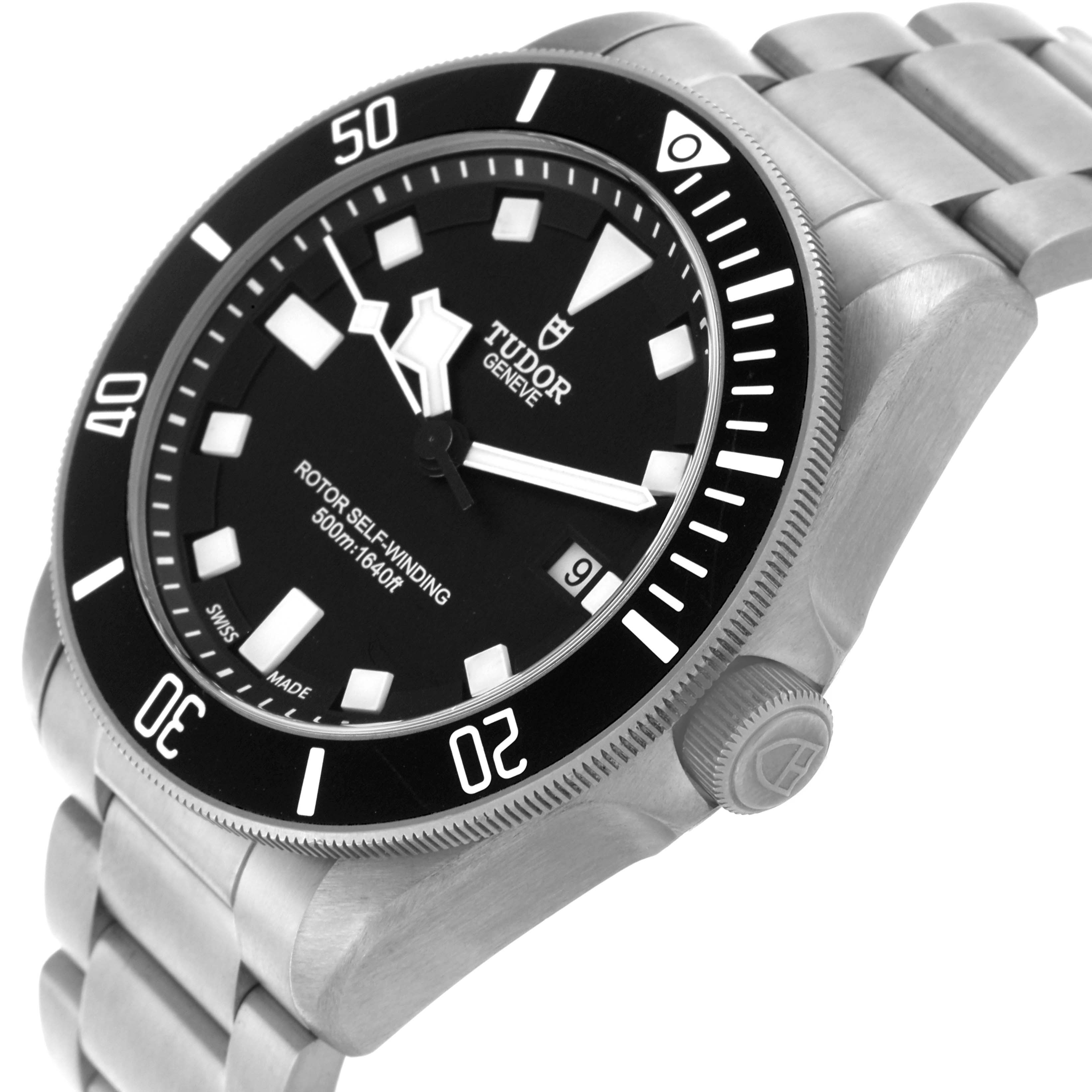The Tudor Pelagos 25500TN Men
s Titanium Black Dial 25500TN Men
s Titanium Black Dial watch is shown at a slight angle, displaying the face, bezel, crown, and part of the metal bracelet.