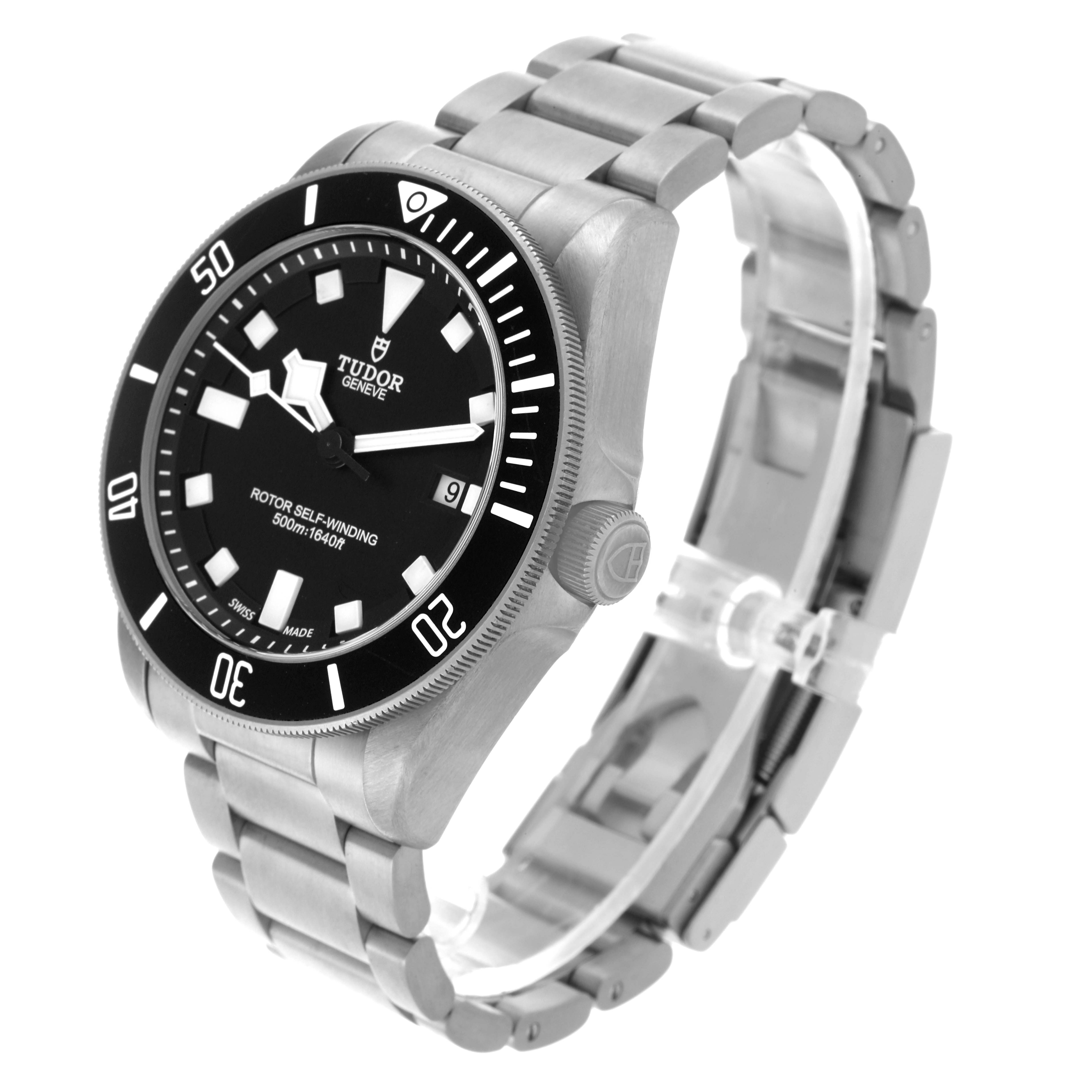 The Tudor Pelagos 25500TN Men
s Titanium Black Dial 25500TN Men
s Titanium Black Dial watch is shown at a three-quarter angle, highlighting the face, bezel, and bracelet.