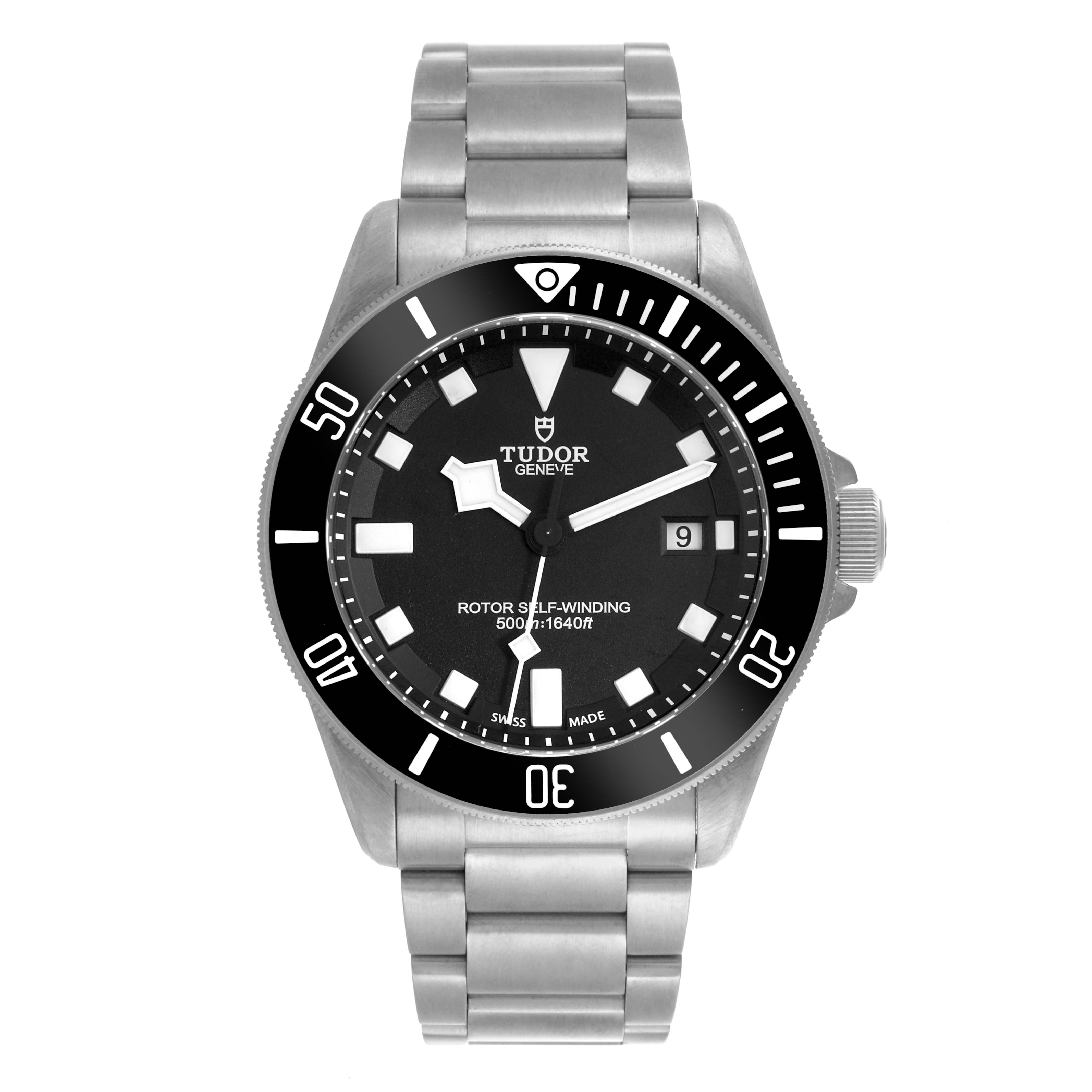 The Tudor Pelagos 25500TN Men
s Titanium Black Dial 25500TN Men
s Titanium Black Dial watch is shown from a front angle, highlighting the dial, bezel, and bracelet.