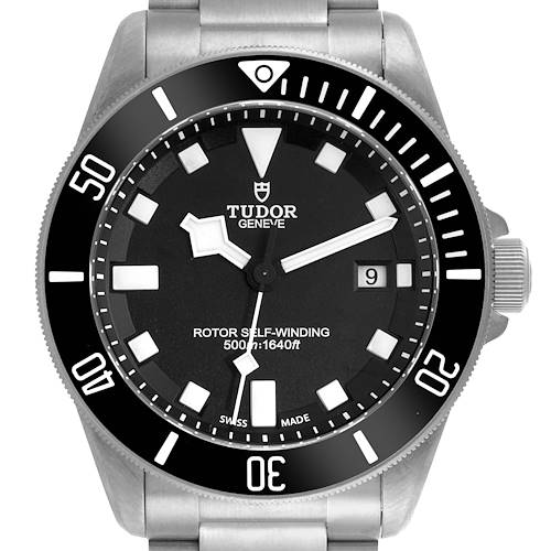 The Tudor Pelagos watch is shown from a front angle, displaying its dial, bezel, and crown.