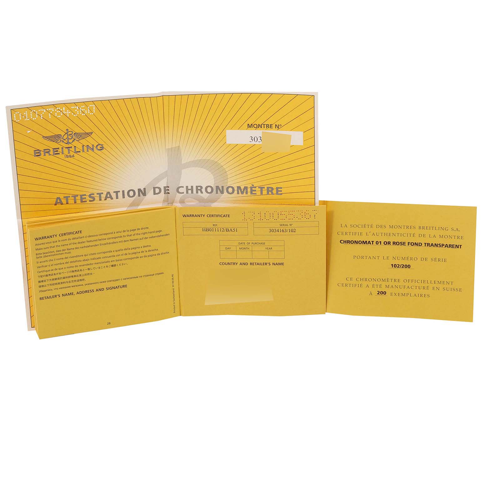 The image shows the warranty certificate and chronometer certification for a Breitling Chronomat HB011112/BA51 Men's Rose Gold Black Dial HB011112/BA51 Men's Rose Gold Black Dial model watch.