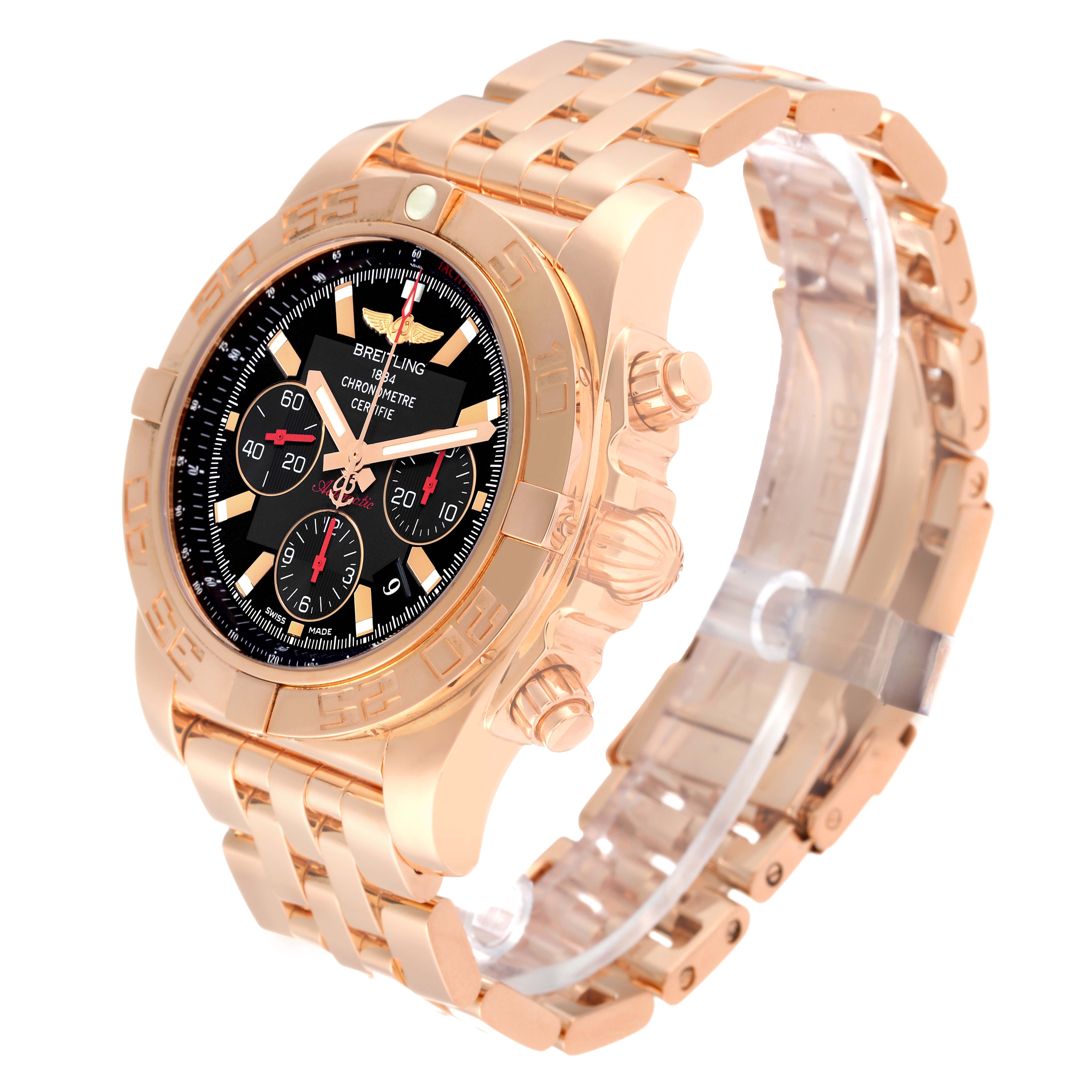 The photo shows a side and partial front angle of a Breitling Chronomat HB011112/BA51 Men's Rose Gold Black Dial HB011112/BA51 Men's Rose Gold Black Dial watch, highlighting its dial, case, crown, and bracelet.