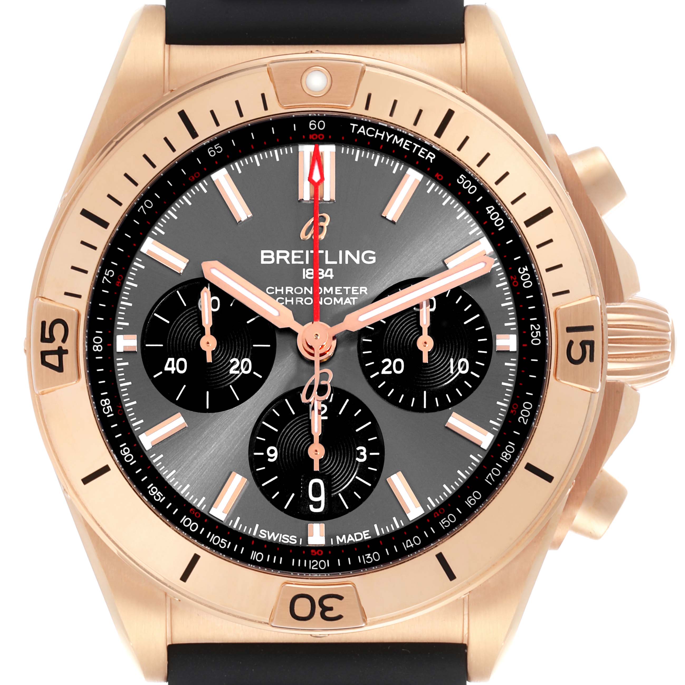 This image shows a front view of the Breitling Chronomat RB0134 Men's Rose Gold Grey Dial RB0134 Men's Rose Gold Grey Dial watch, highlighting its dial, subdials, and bezel.