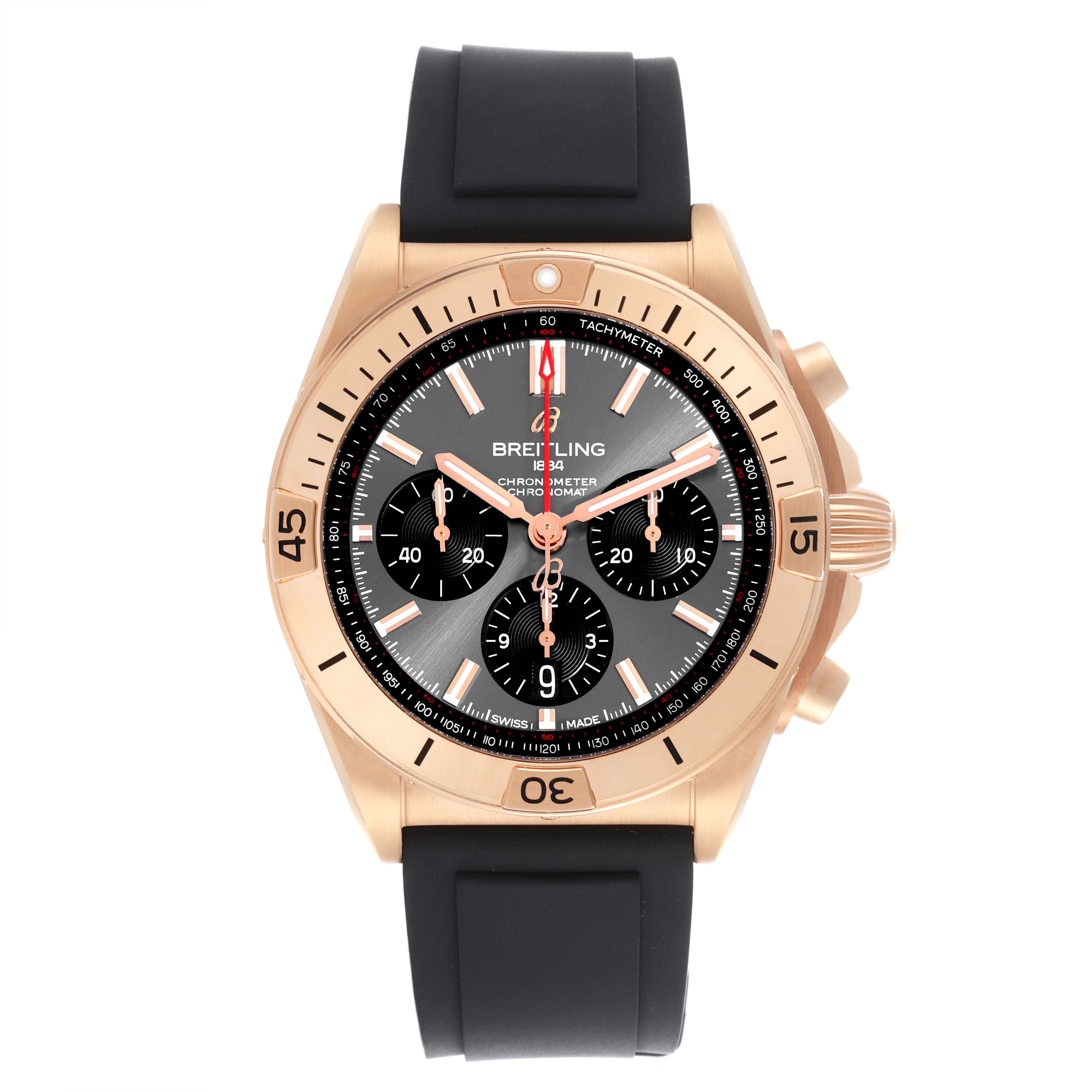The Breitling Chronomat RB0134 Men's Rose Gold Grey Dial RB0134 Men's Rose Gold Grey Dial watch is shown from a front angle, highlighting the face, bezel, and rubber strap.