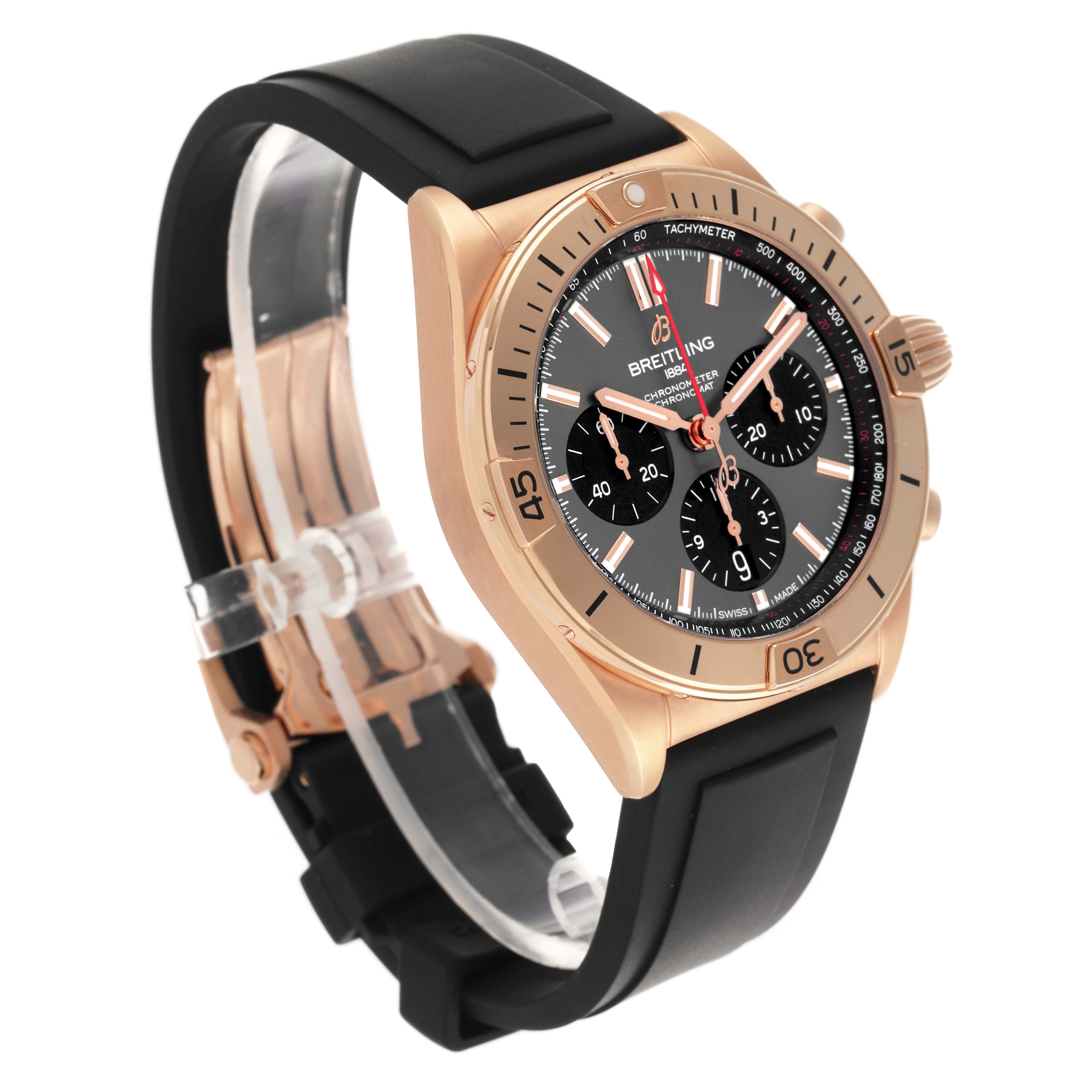 The Breitling Chronomat RB0134 Men's Rose Gold Grey Dial RB0134 Men's Rose Gold Grey Dial watch is shown at a three-quarter angle, highlighting the face, bezel, crown, and black strap.