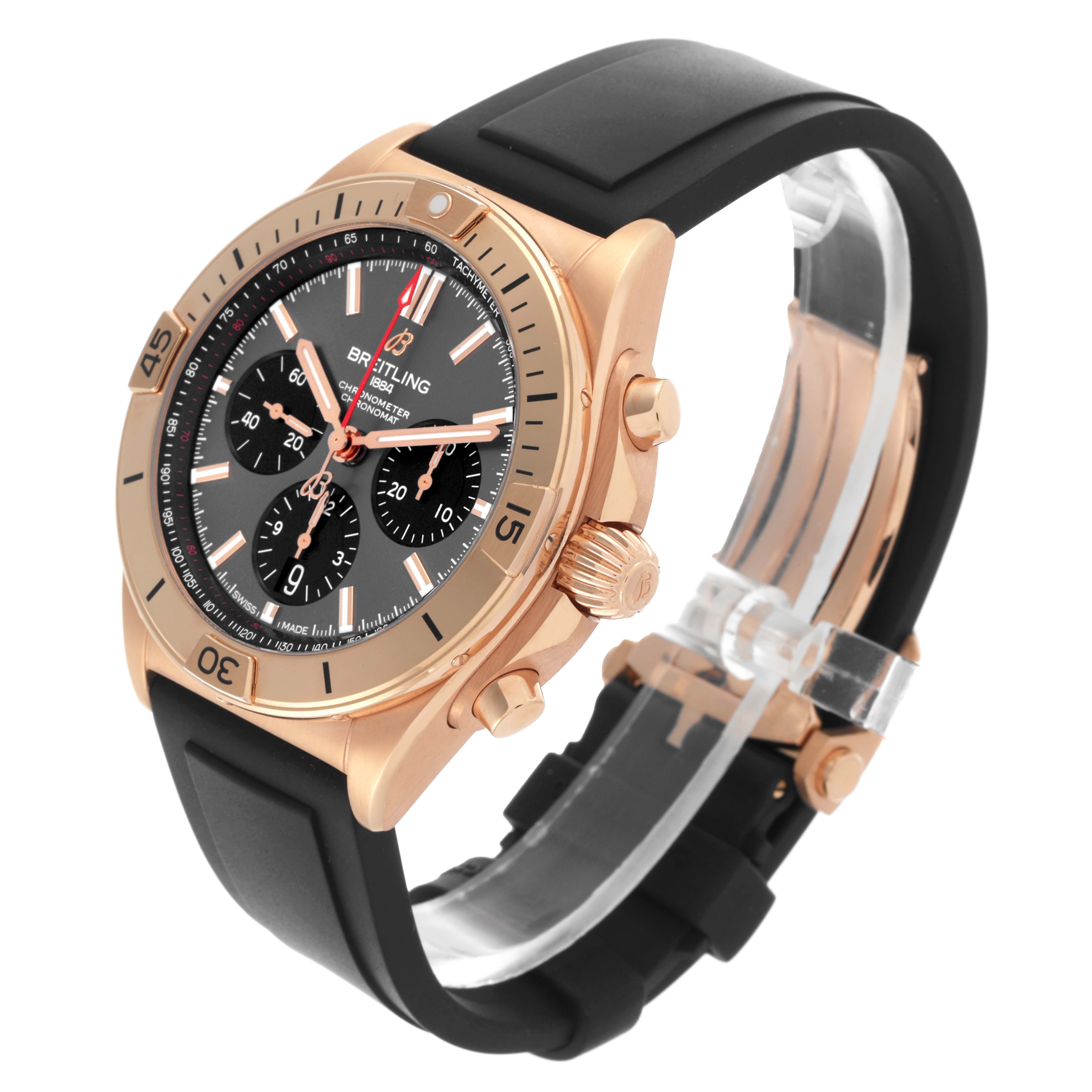 The Breitling Chronomat RB0134 Men's Rose Gold Grey Dial RB0134 Men's Rose Gold Grey Dial watch is shown at a three-quarter angle, displaying the face, bezel, crown, and black strap.