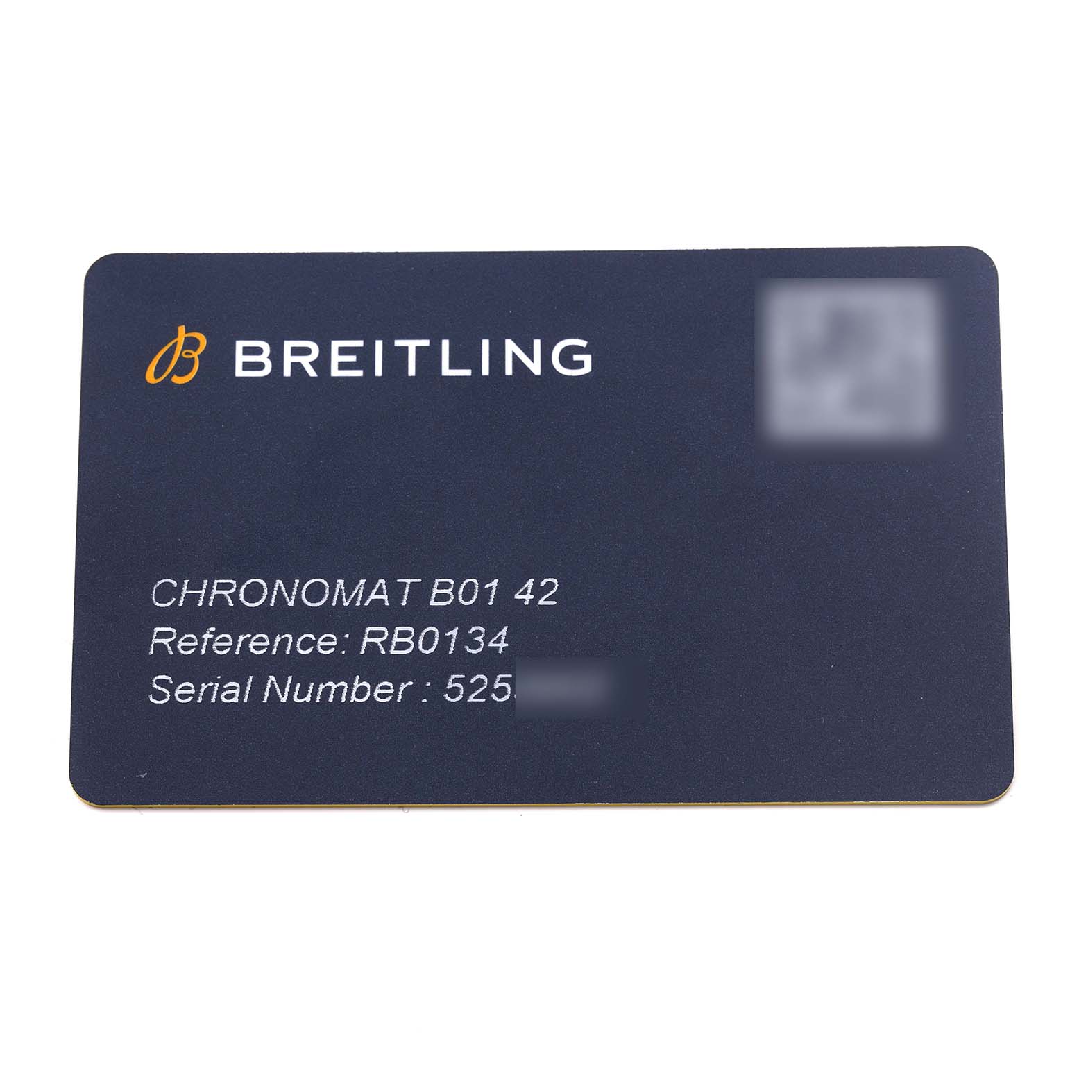 The image shows a warranty card for the Breitling Chronomat RB0134 Men's Rose Gold Grey Dial RB0134 Men's Rose Gold Grey Dial B01 42, displaying reference and serial numbers.
