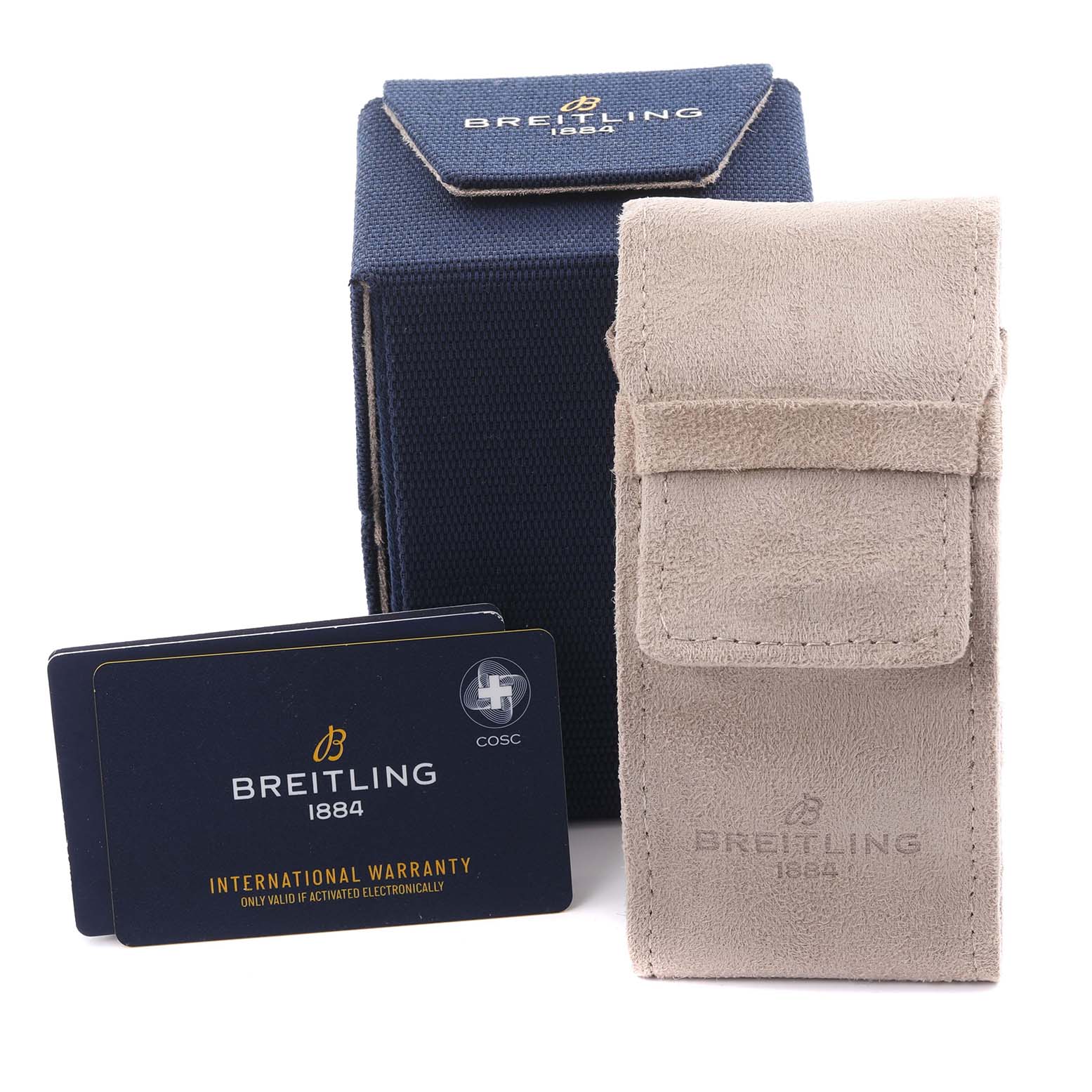 The image shows a Breitling Chronomat RB0134 Men's Rose Gold Grey Dial RB0134 Men's Rose Gold Grey Dial box, pouch, and warranty cards from a front angle.