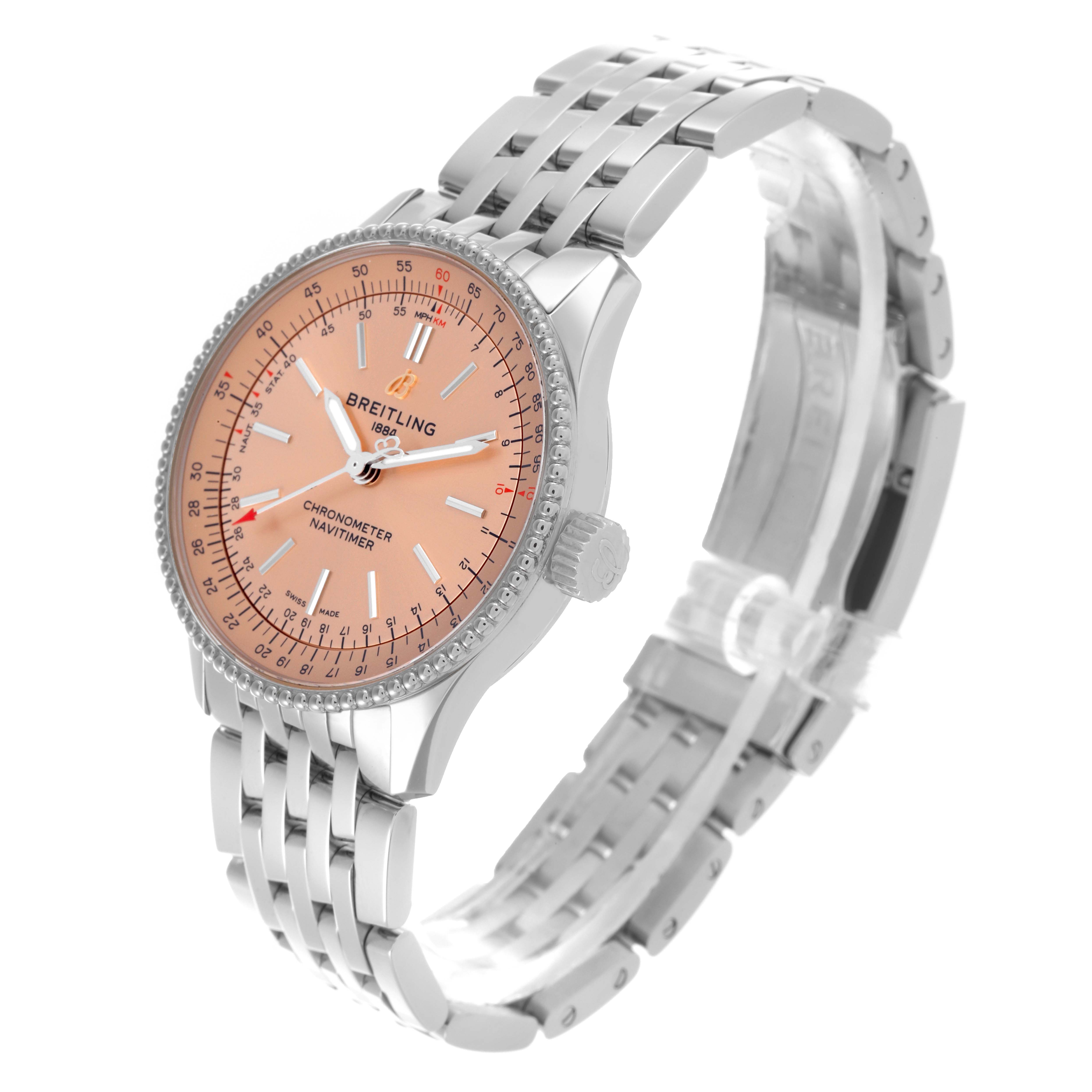 The Breitling A17395 Women's Stainless Steel Pink Dial A17395 Women's Stainless Steel Pink Dial Navitimer Automatic 35 Steel Ladies Watch A17395 is shown at a slight angle, highlighting the face and bracelet.