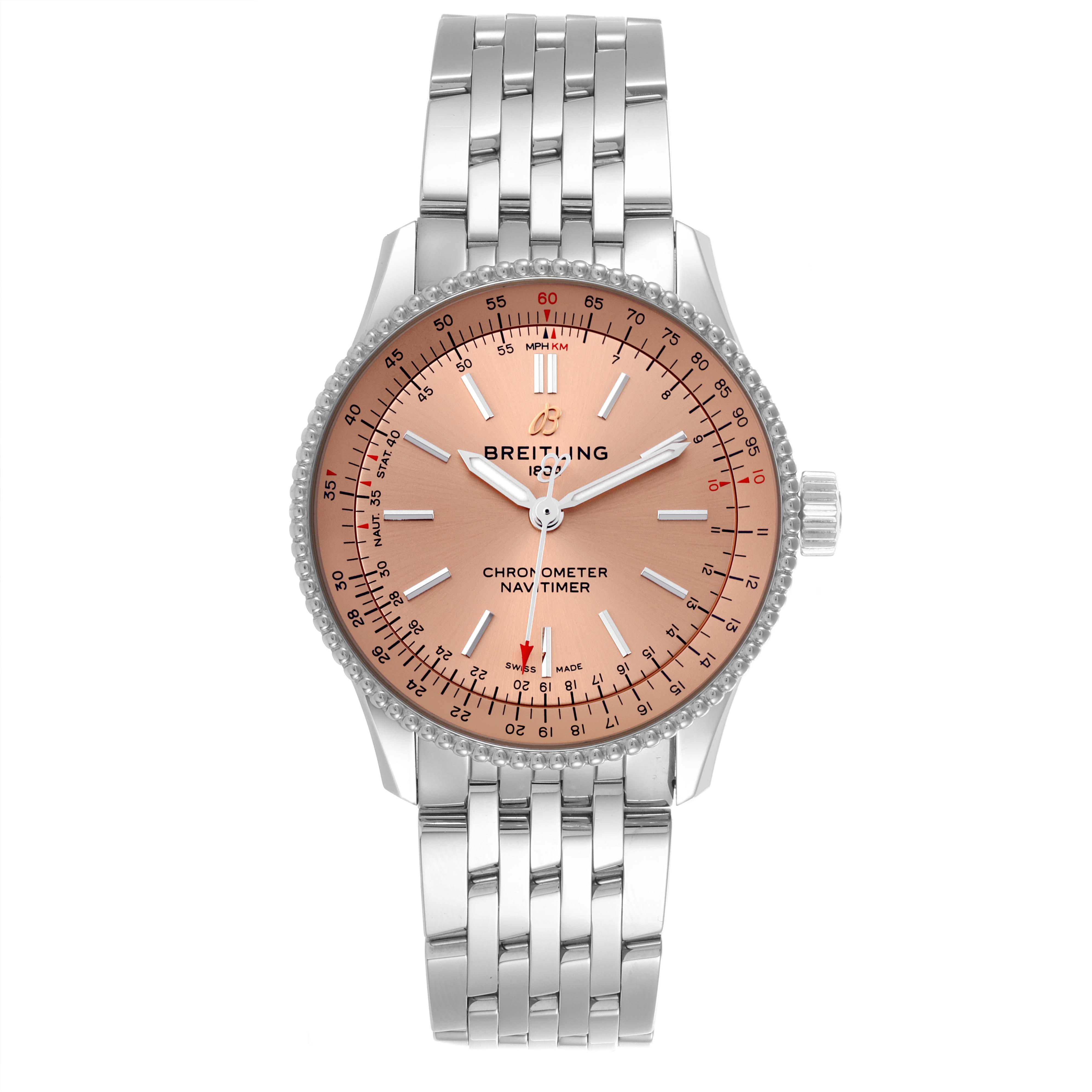 The Breitling A17395 Women's Stainless Steel Pink Dial A17395 Women's Stainless Steel Pink Dial Navitimer Automatic 35 Steel Ladies Watch A17395 is shown from a front angle, highlighting the face and bracelet.