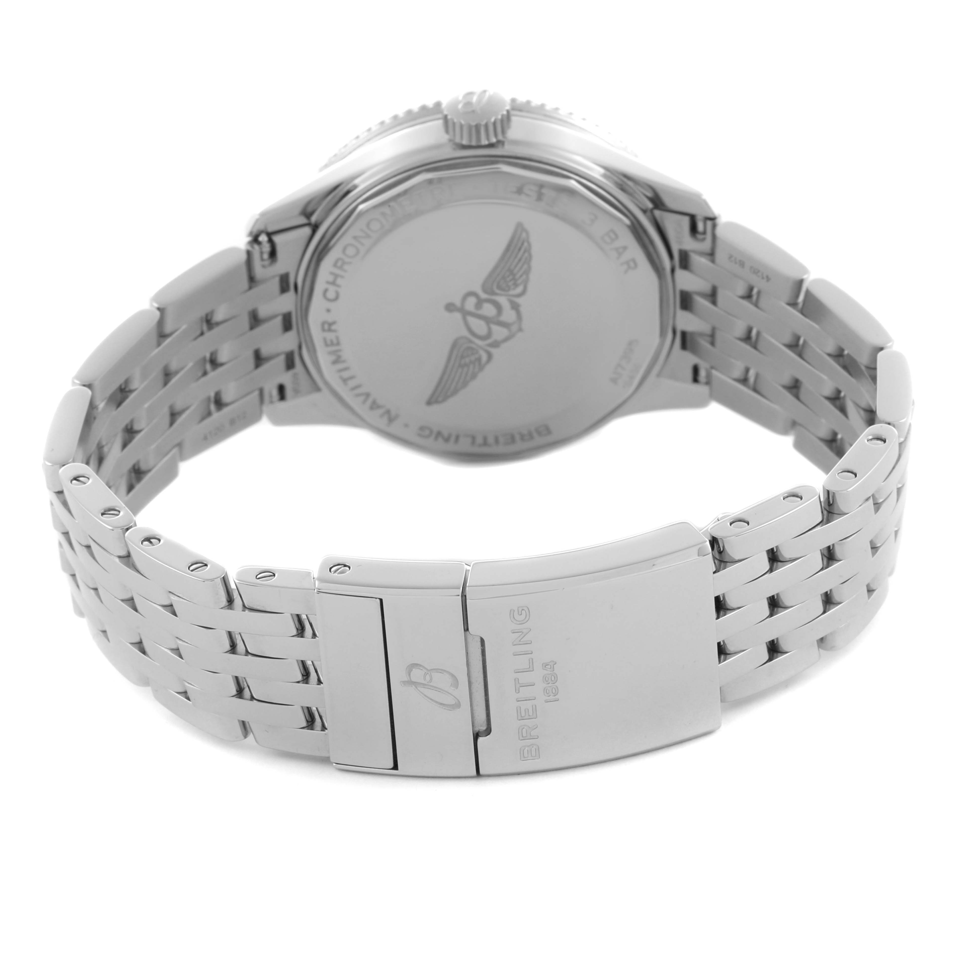 The Breitling A17395 Women's Stainless Steel Pink Dial A17395 Women's Stainless Steel Pink Dial Navitimer Automatic 35 Steel Ladies Watch A17395 is shown from the back, highlighting the clasp and stainless steel bracelet.