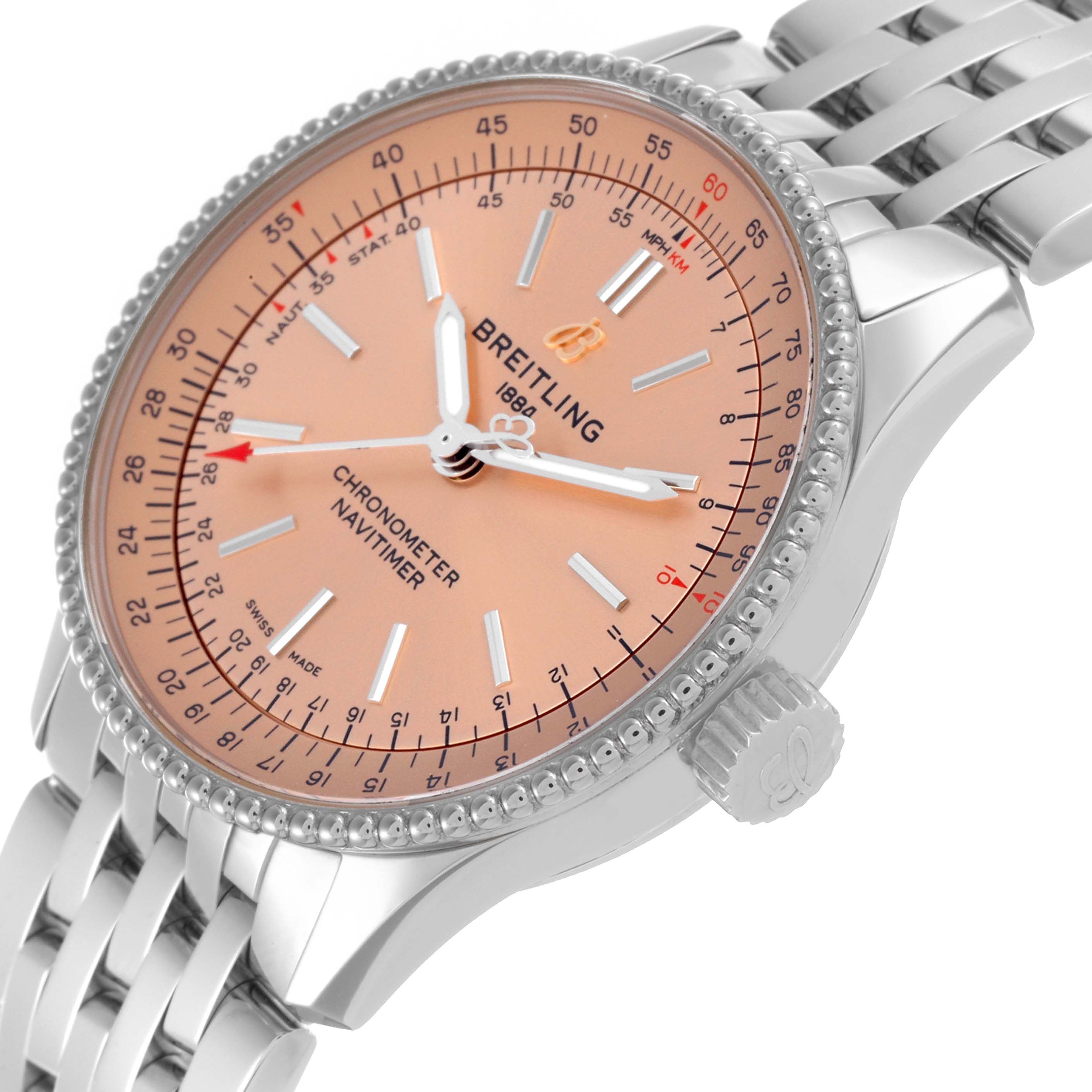 The Breitling A17395 Women's Stainless Steel Pink Dial A17395 Women's Stainless Steel Pink Dial Navitimer Automatic 35 Steel Ladies Watch A17395 is shown at an angle displaying the face, bezel, crown, and part of the bracelet.