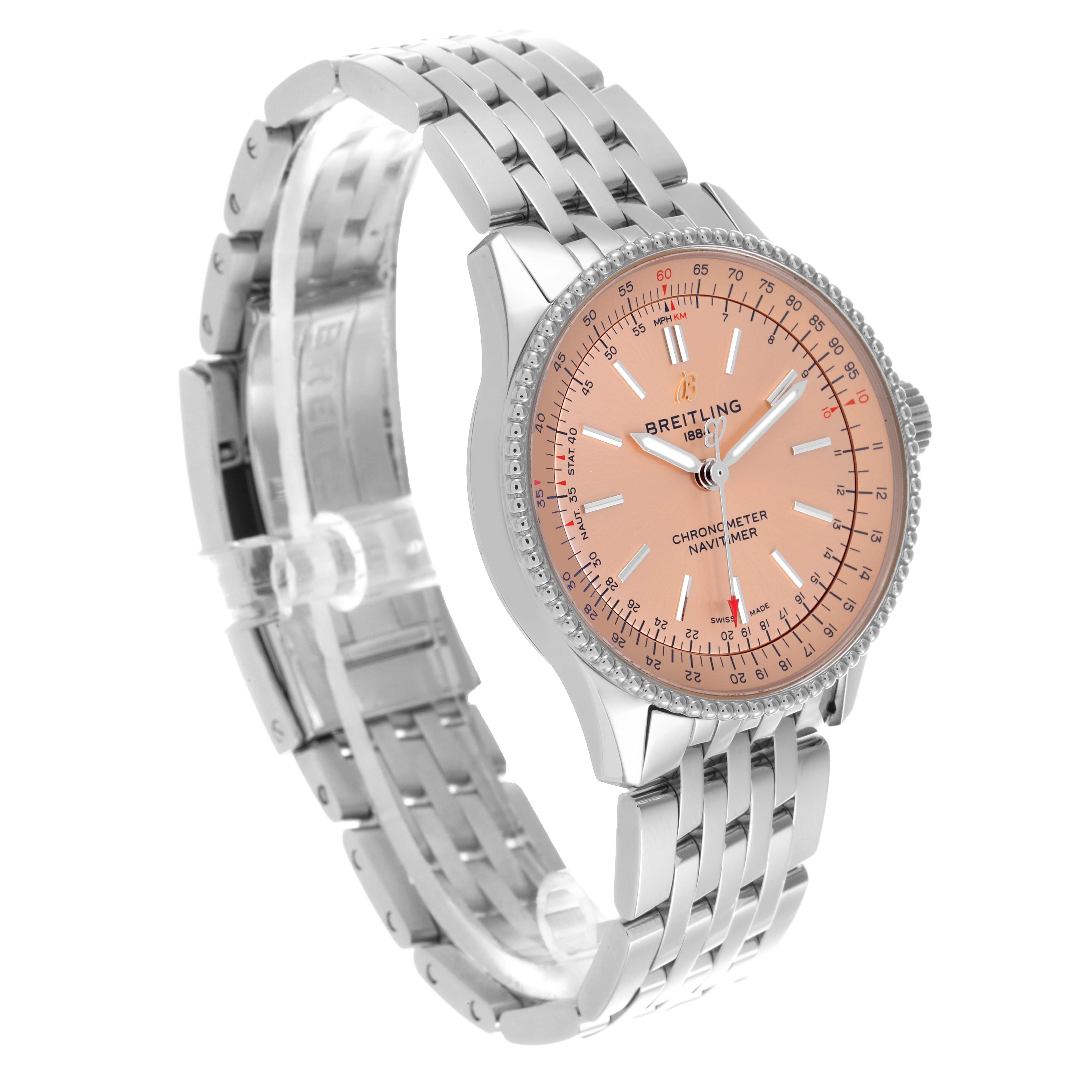 The Breitling A17395 Women's Stainless Steel Pink Dial A17395 Women's Stainless Steel Pink Dial Navitimer Automatic 35 Steel Ladies Watch A17395 is shown from a front angle highlighting the dial and bracelet.