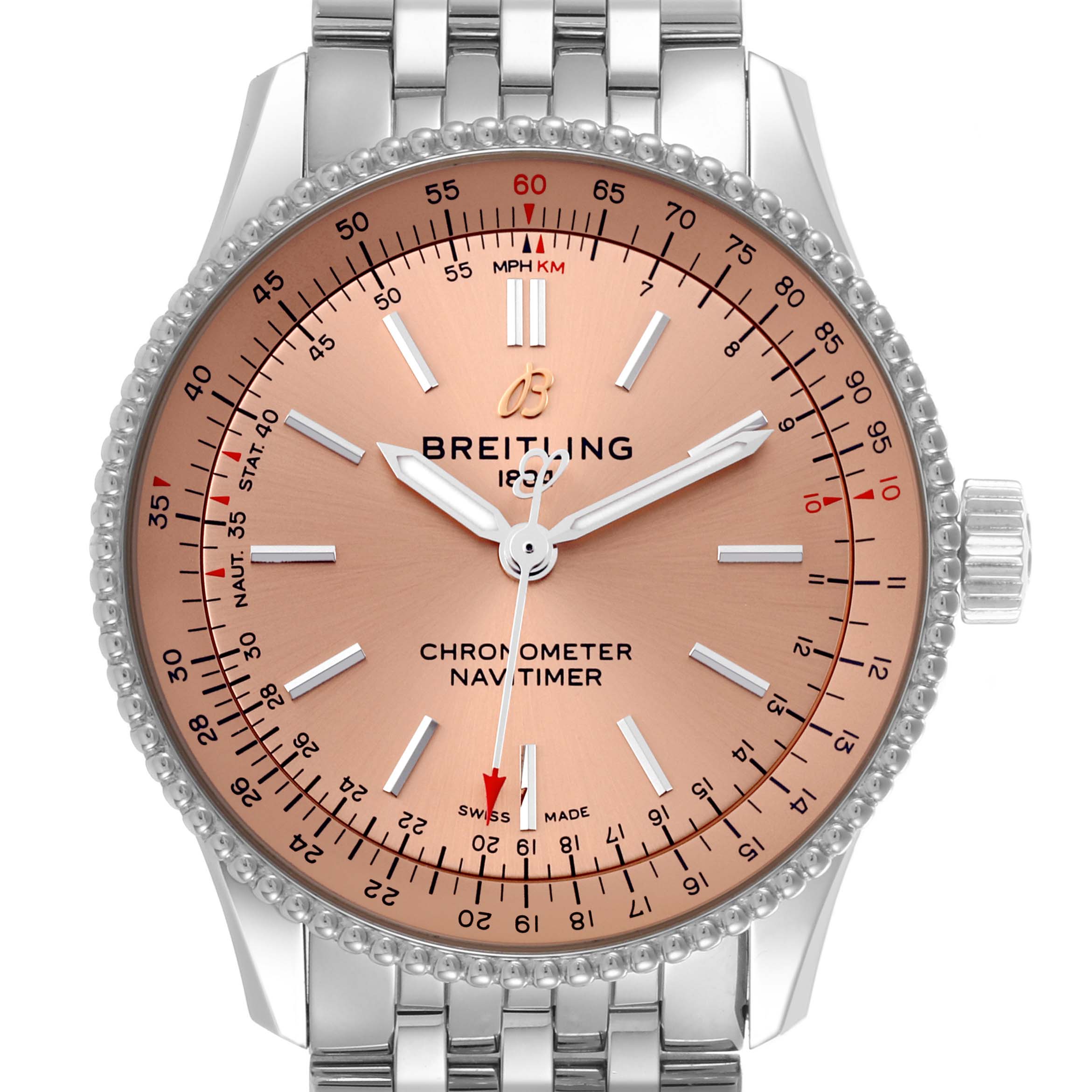 The Breitling A17395 Women's Stainless Steel Pink Dial A17395 Women's Stainless Steel Pink Dial Navitimer Automatic 35 watch is shown from the front, highlighting the dial, hands, bezel, and part of the bracelet.