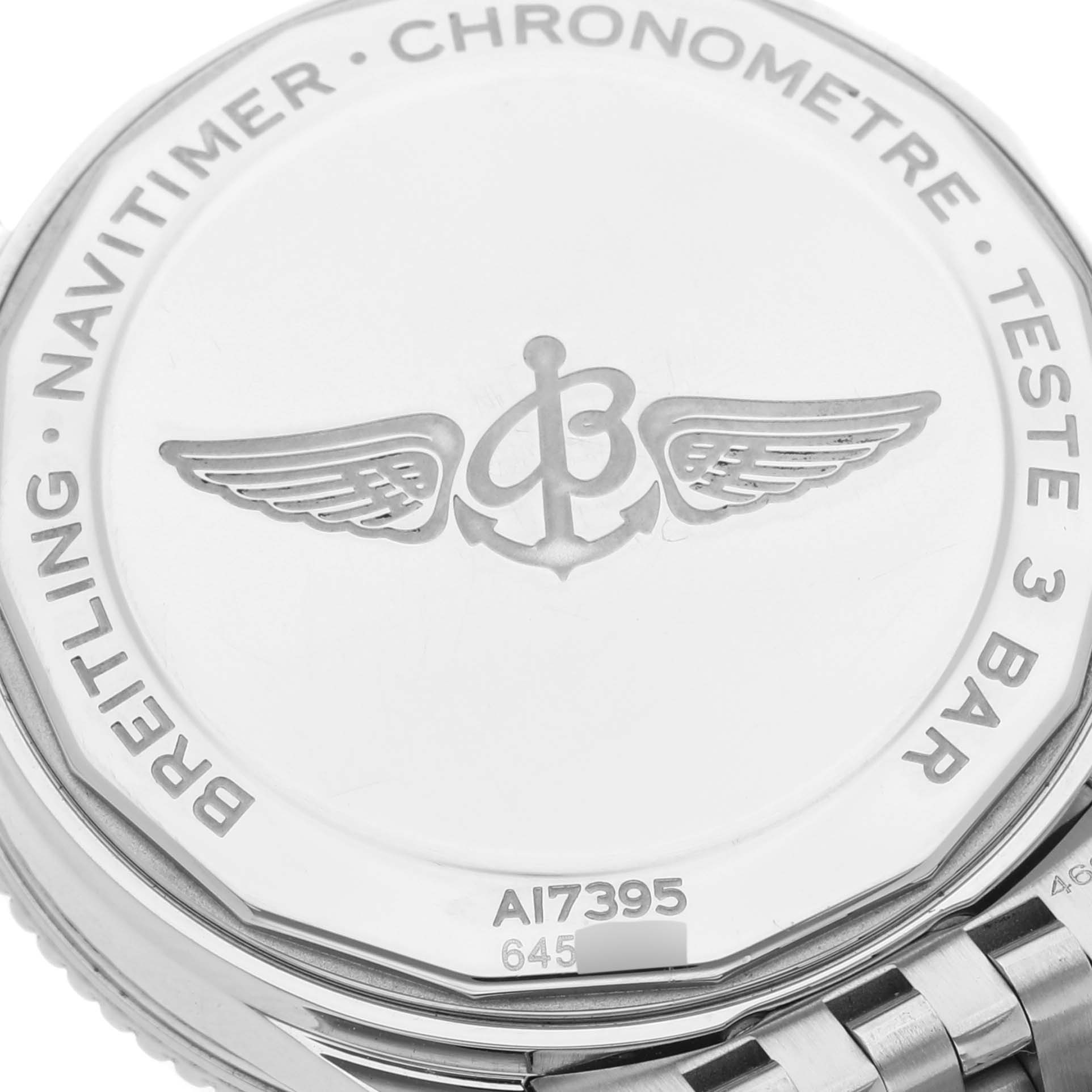 The image shows the back case and part of the bracelet of the Breitling A17395 Women's Stainless Steel Pink Dial A17395 Women's Stainless Steel Pink Dial Navitimer Automatic 35 Steel Ladies Watch A17395.