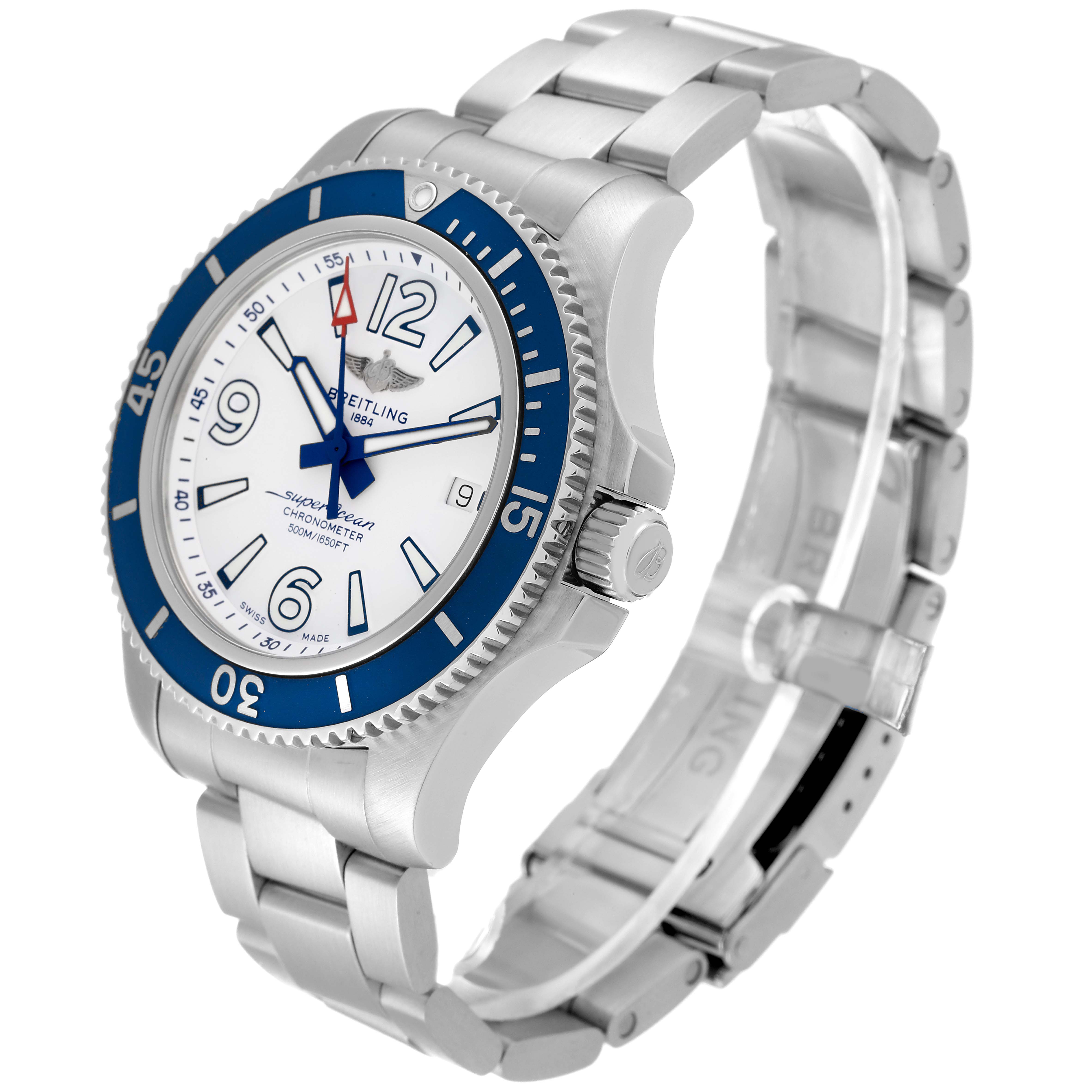 The image shows a Breitling Superocean A17366 Men's Stainless Steel White Dial A17366 Men's Stainless Steel White Dial watch at a three-quarter angle, highlighting the face, bezel, and bracelet.