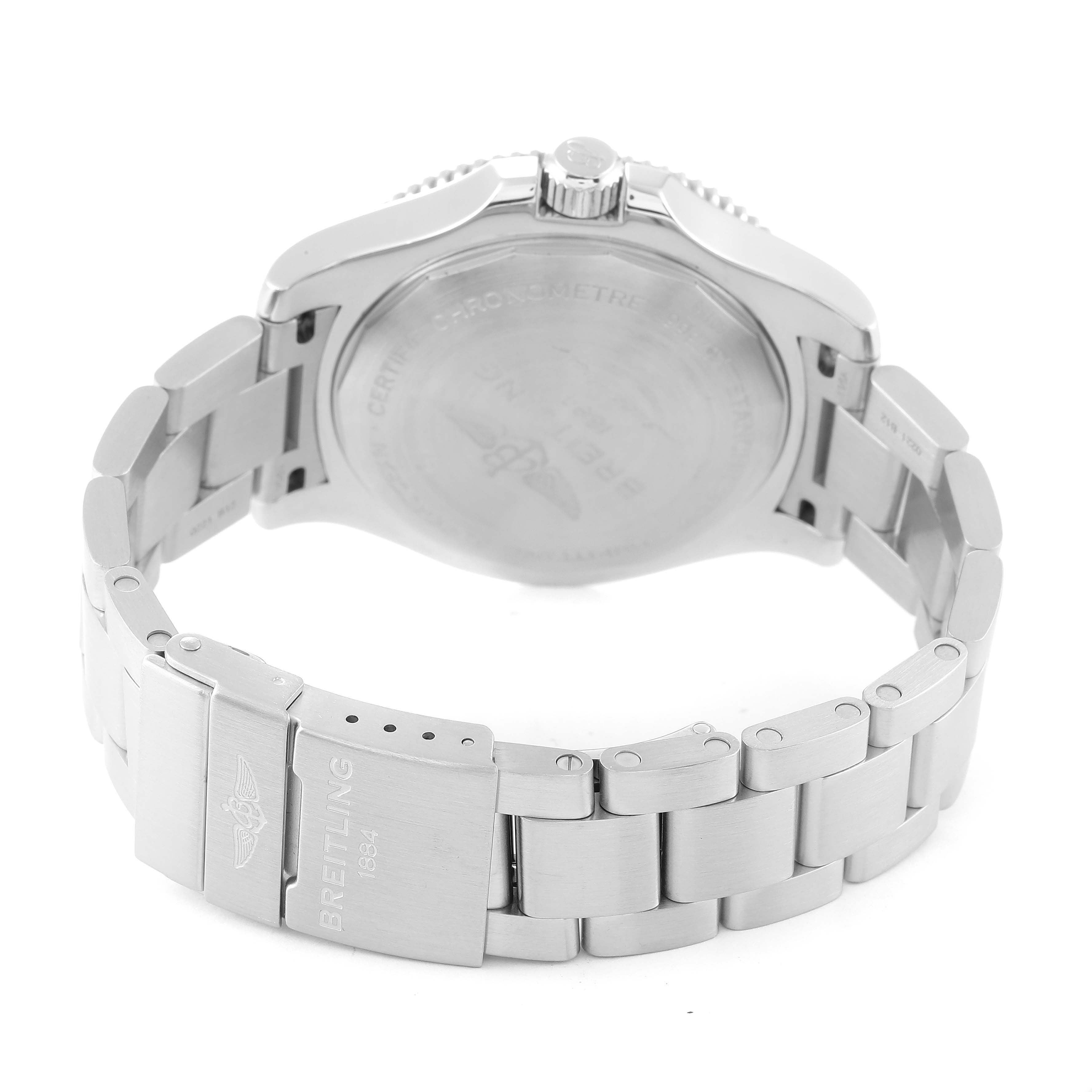 This image shows the back view of a Breitling Superocean A17366 Men's Stainless Steel White Dial A17366 Men's Stainless Steel White Dial watch, focusing on the case back and the bracelet clasp.