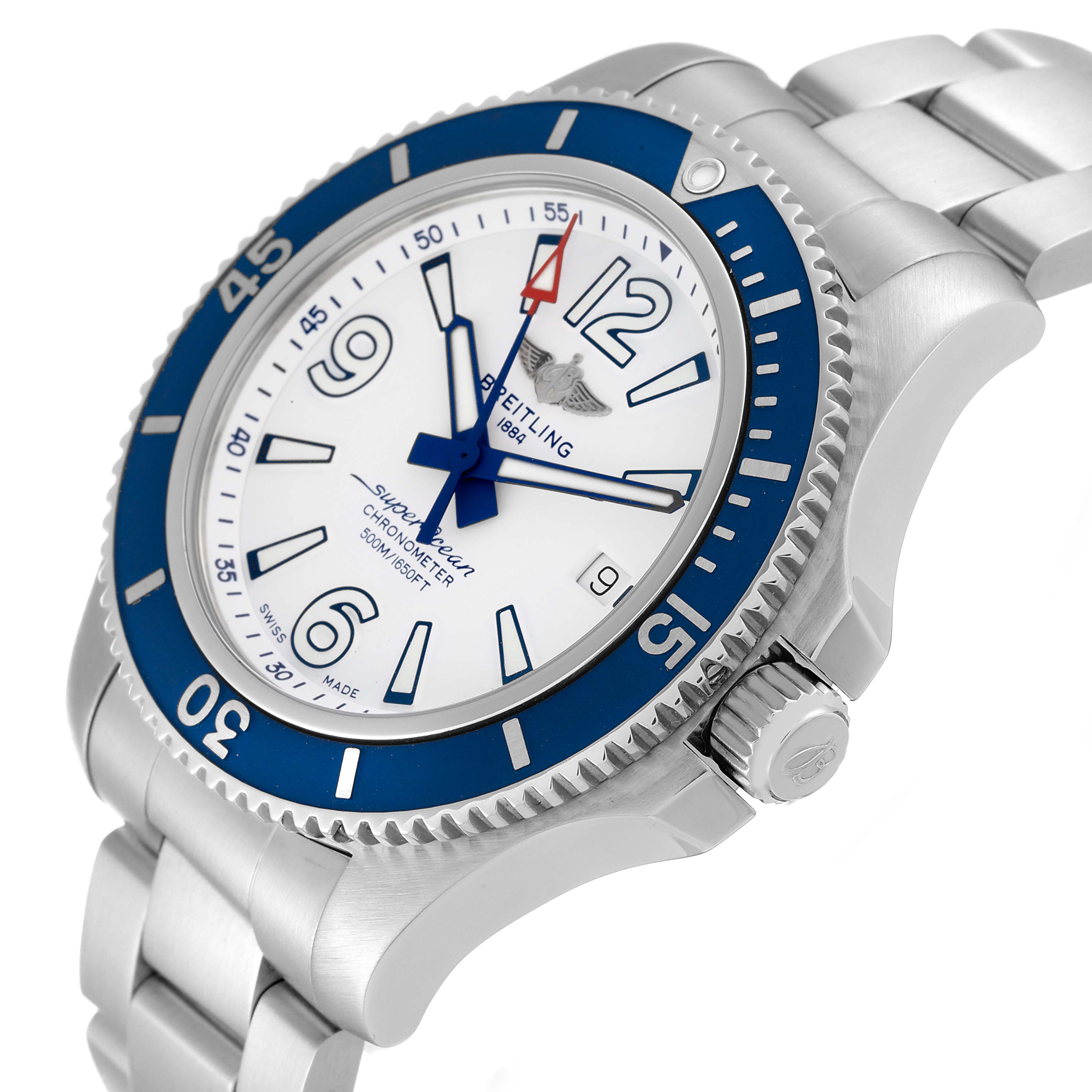 The image shows a side angle of a Breitling Superocean A17366 Men's Stainless Steel White Dial A17366 Men's Stainless Steel White Dial watch, highlighting its blue bezel, white dial, and stainless steel bracelet.