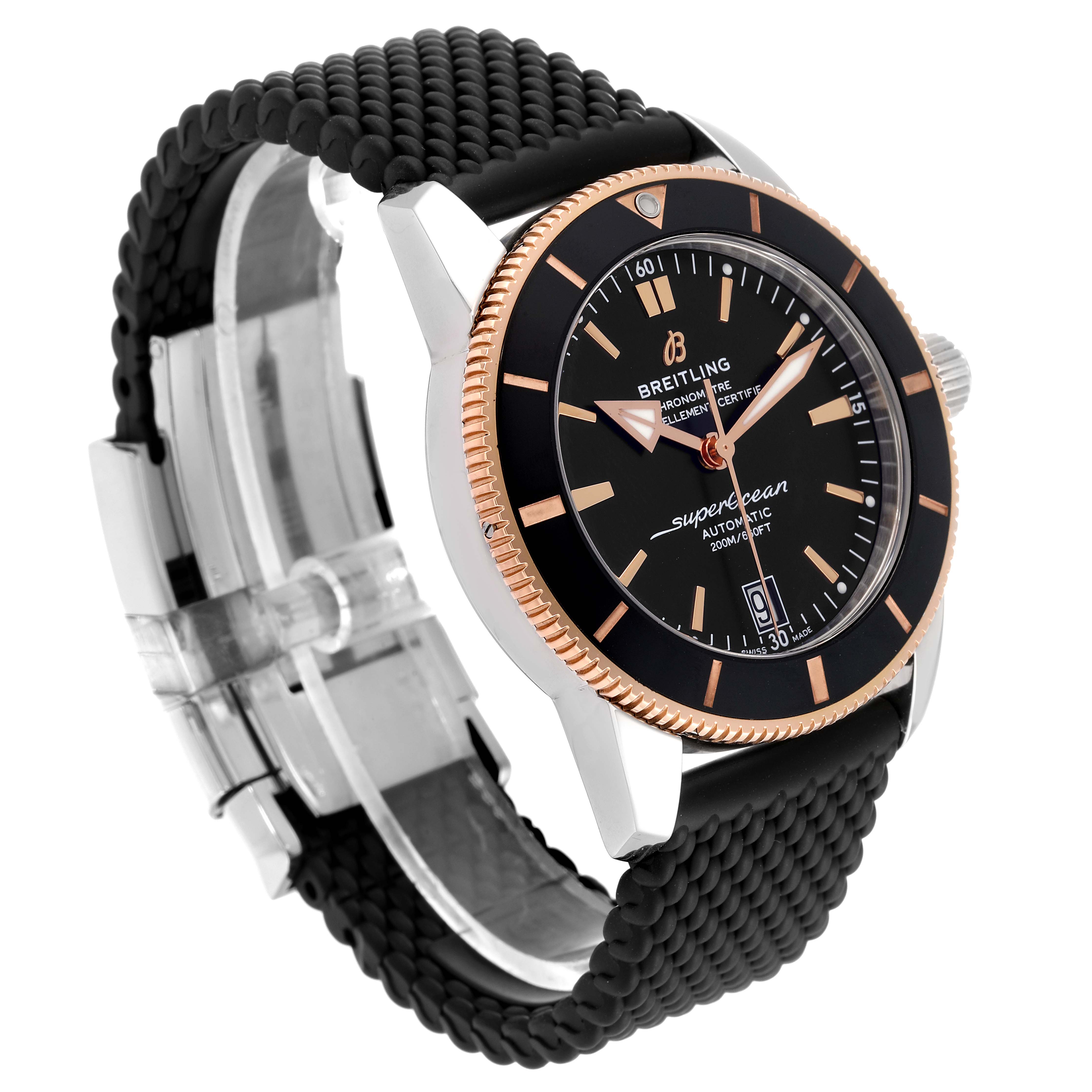 The Breitling Superocean UB2010121B1S1 Men's Steel and Gold (two tone) Black Dial UB2010121B1S1 Men's Steel and Gold (two tone) Black Dial model watch is shown at an angle highlighting the face, bezel, crown, and part of the strap.