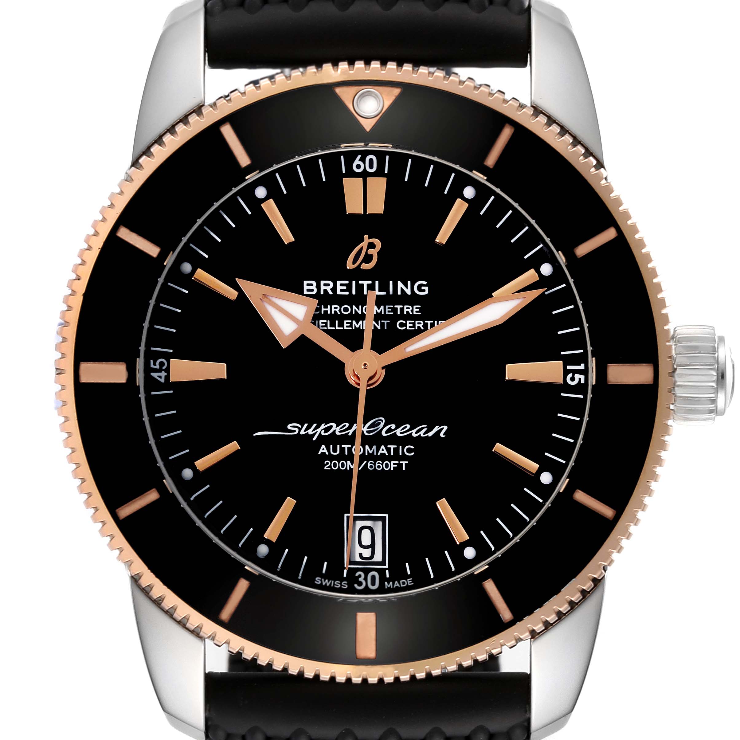 The image shows a front view of the Breitling Superocean UB2010121B1S1 Men's Steel and Gold (two tone) Black Dial UB2010121B1S1 Men's Steel and Gold (two tone) Black Dial watch highlighting its dial, hands, bezel, and part of the strap.