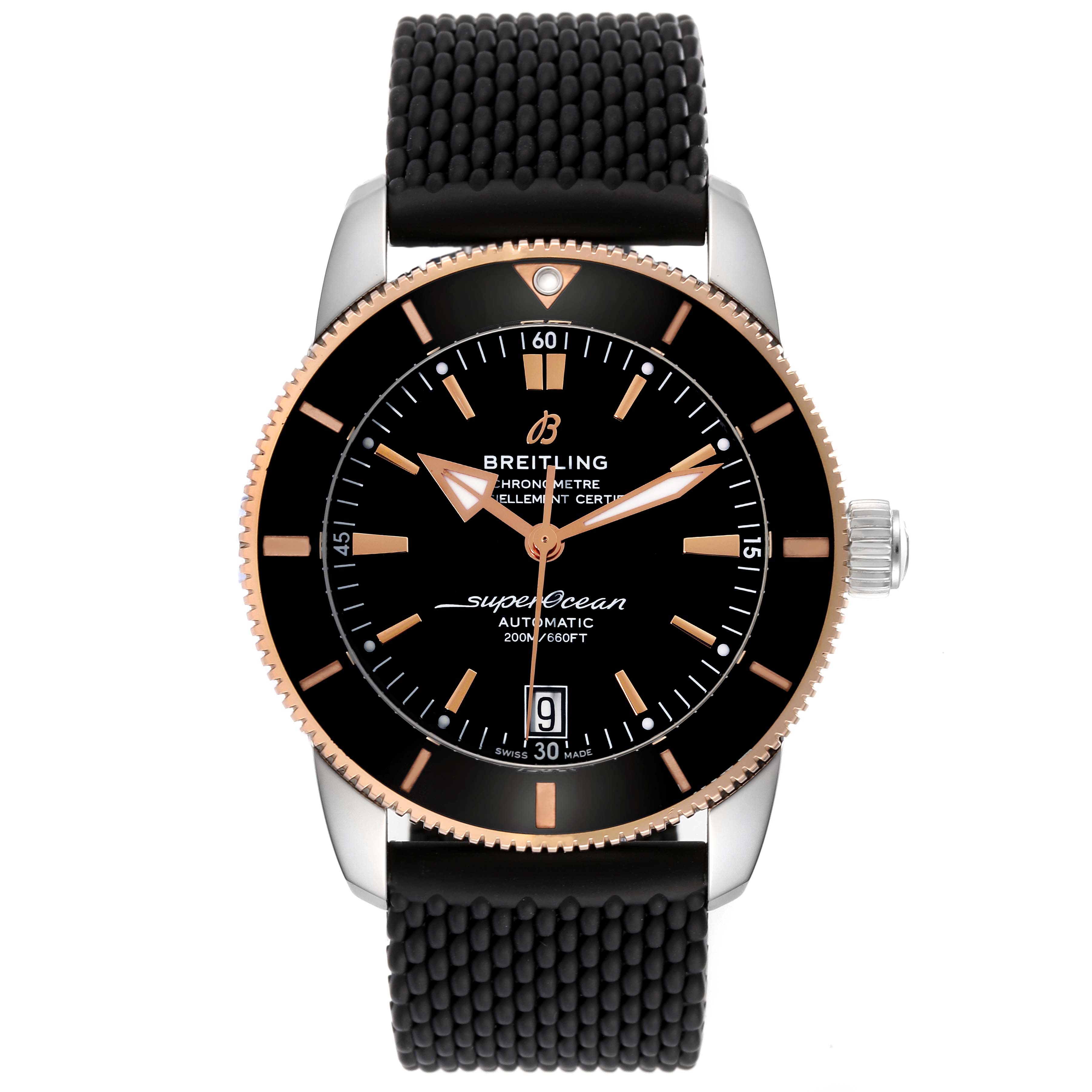 The image shows a front view of the Breitling Superocean UB2010121B1S1 Men's Steel and Gold (two tone) Black Dial UB2010121B1S1 Men's Steel and Gold (two tone) Black Dial watch, displaying its black dial, bezel, hands, and date window.