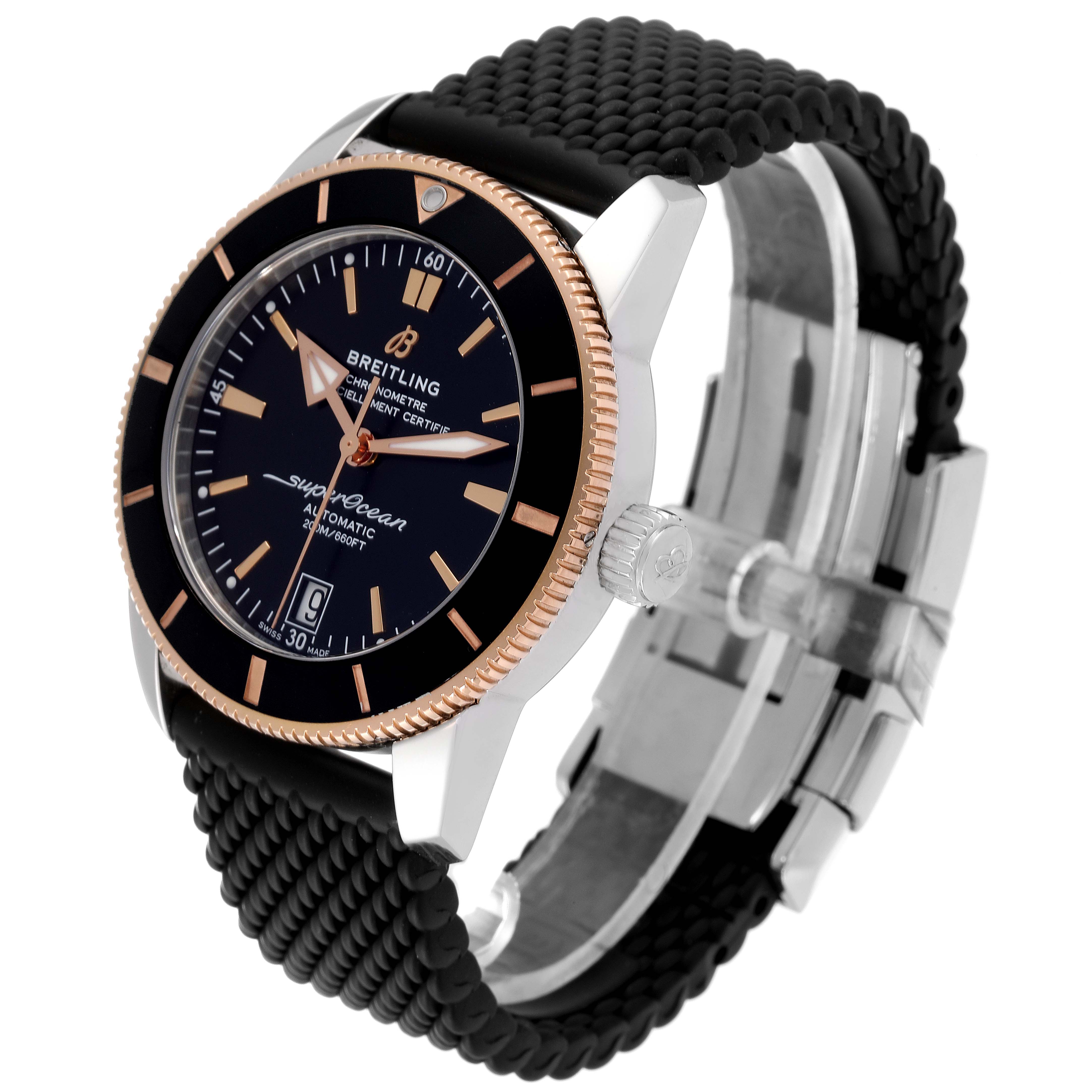 The Breitling Superocean UB2010121B1S1 Men's Steel and Gold (two tone) Black Dial UB2010121B1S1 Men's Steel and Gold (two tone) Black Dial watch is shown at a three-quarter angle, displaying its face, bezel, crown, and part of its strap with clasp.