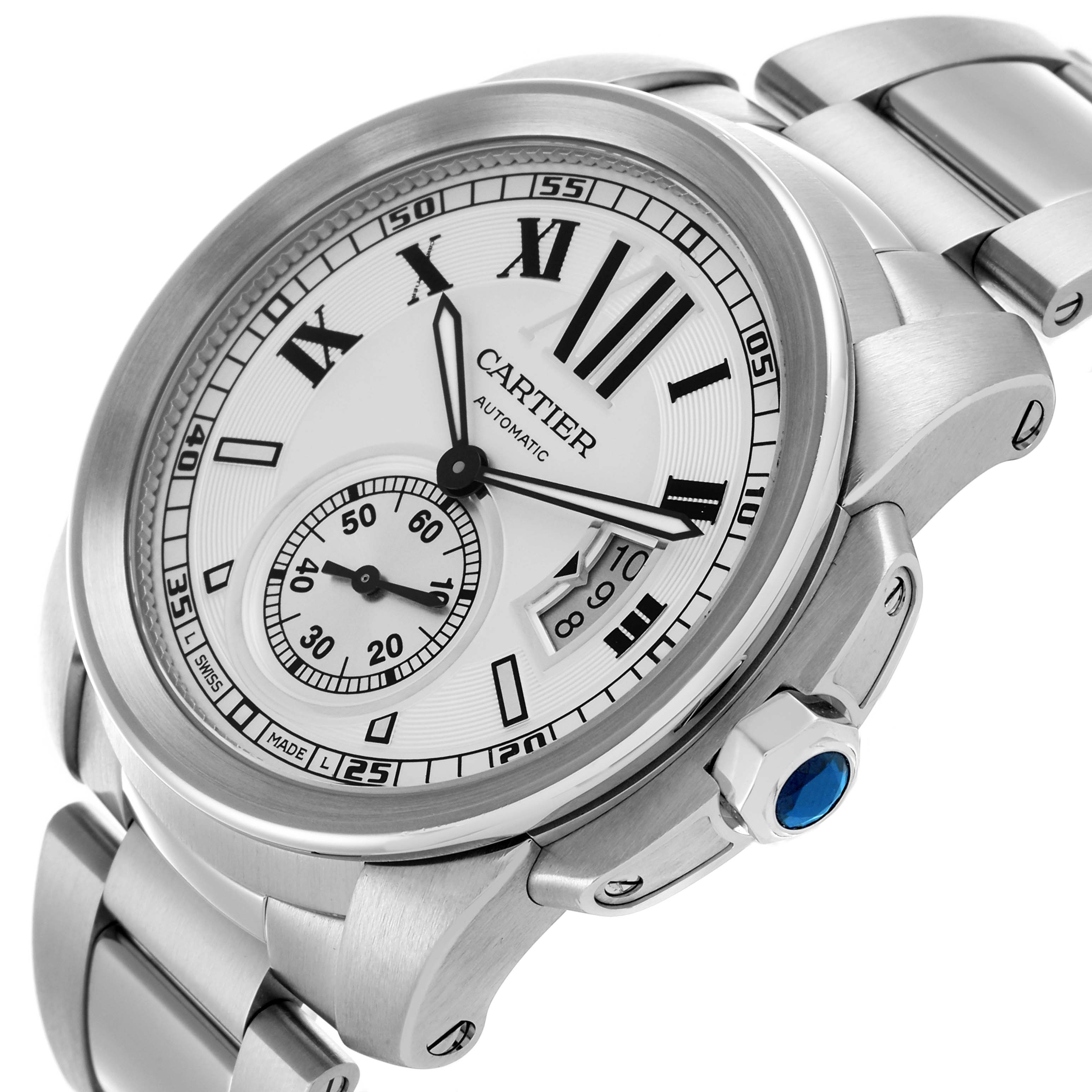 The Calibre de Cartier watch is shown at an angled view, highlighting the dial, case, crown, and part of the bracelet.