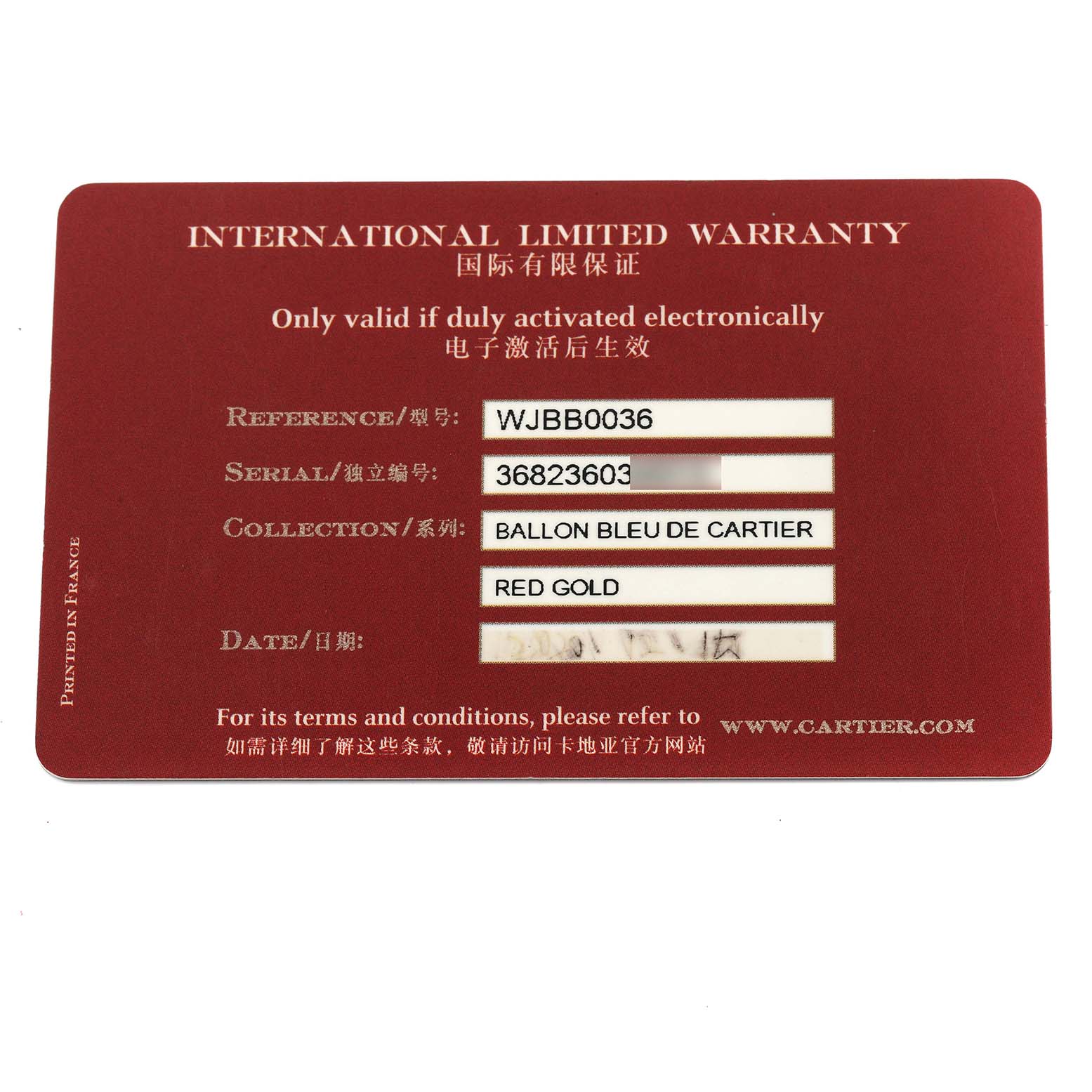 The image shows a warranty card for the Ballon Bleu model by Cartier, displaying reference and serial numbers.