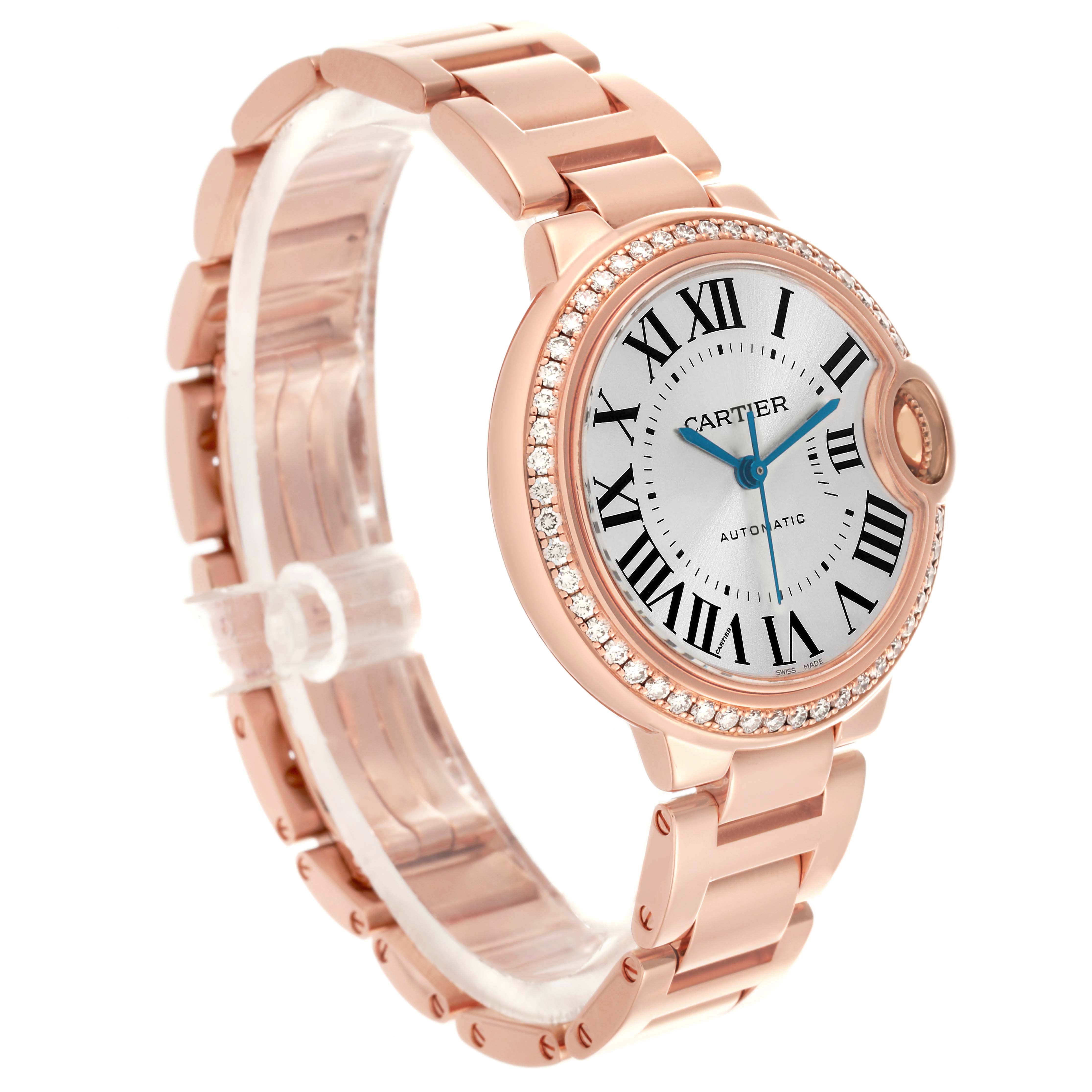 The Cartier Ballon Bleu WJBB0036 Women's Rose Gold Silver Dial WJBB0036 Women's Rose Gold Silver Dial watch is shown at a three-quarter angle, displaying its round face, bracelet, and bezel with Roman numerals.