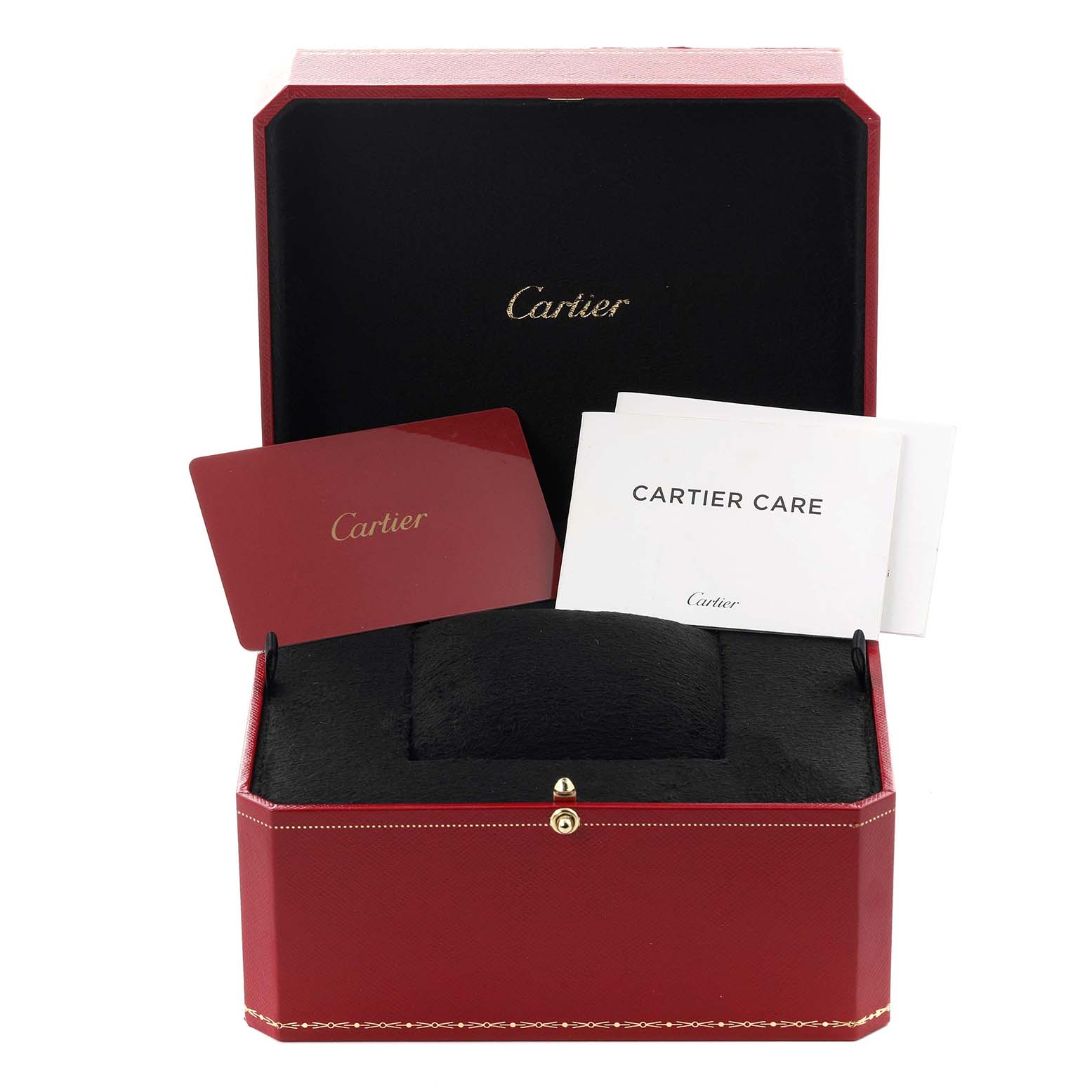 This image shows a Cartier Ballon Bleu WJBB0036 Women's Rose Gold Silver Dial WJBB0036 Women's Rose Gold Silver Dial watch box with care cards and no watch visible.
