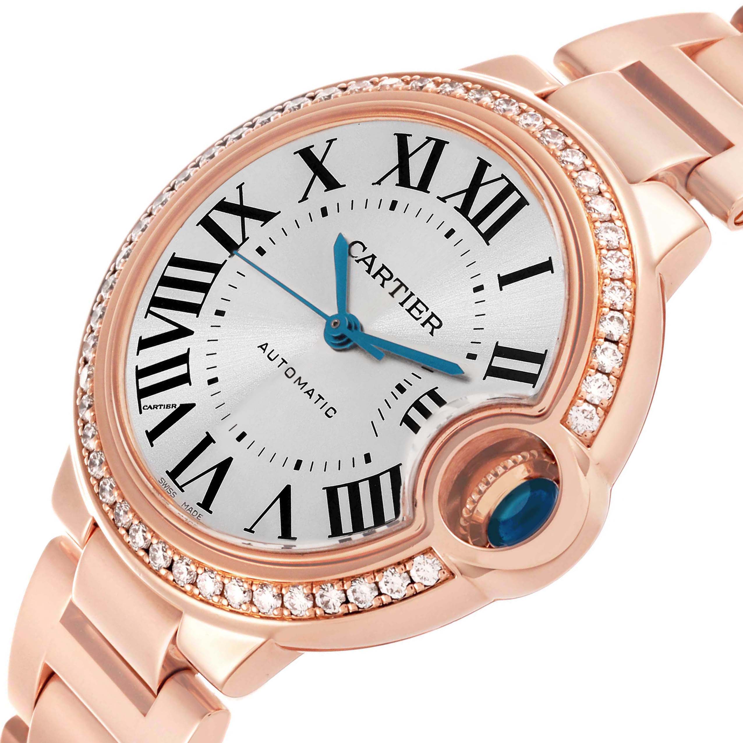 The Cartier Ballon Bleu WJBB0036 Women's Rose Gold Silver Dial WJBB0036 Women's Rose Gold Silver Dial watch is shown at an angled view featuring its face, diamond bezel, and an ornate crown.