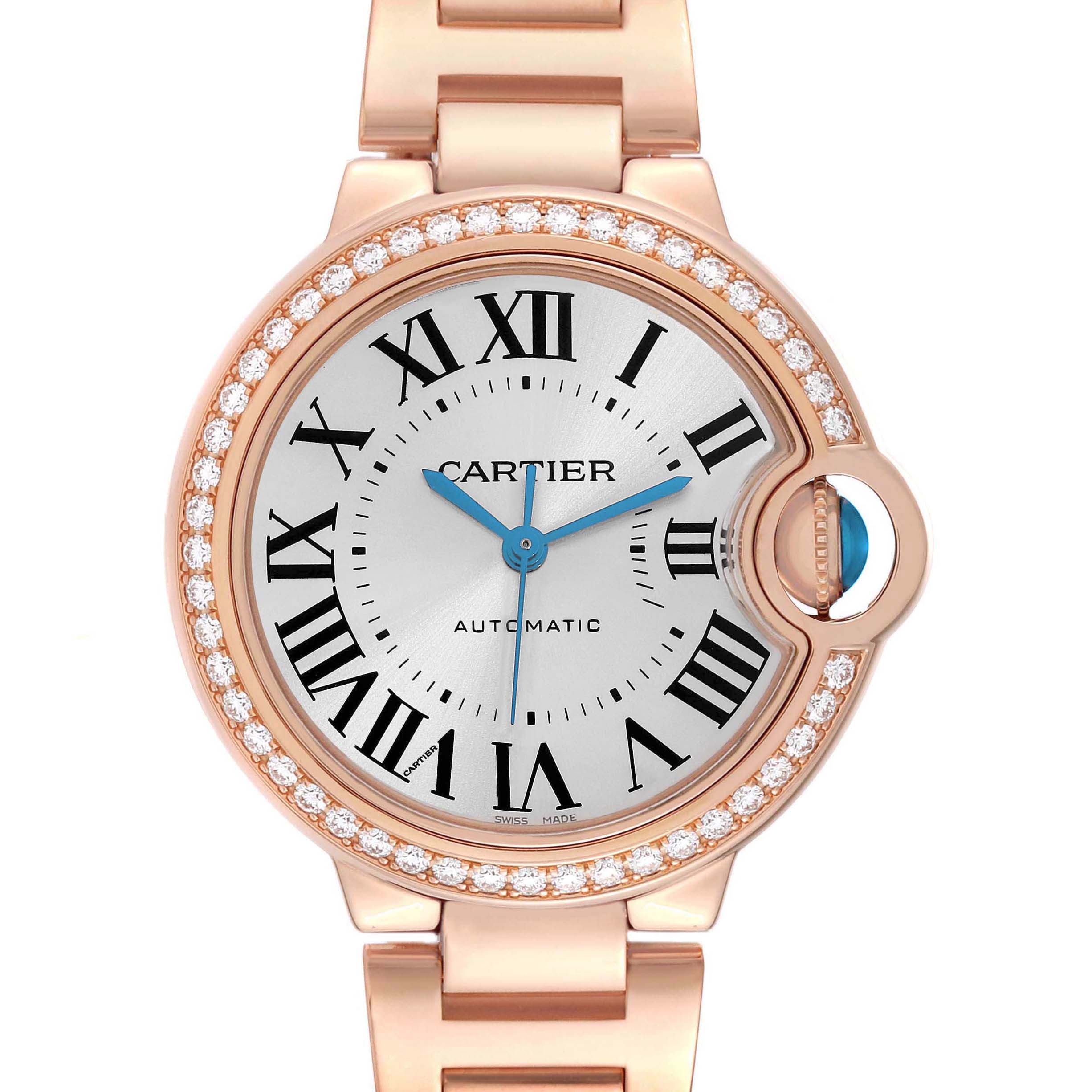 The Cartier Ballon Bleu WJBB0036 Women's Rose Gold Silver Dial WJBB0036 Women's Rose Gold Silver Dial watch is shown from the front, highlighting the diamond bezel and the signature crown.
