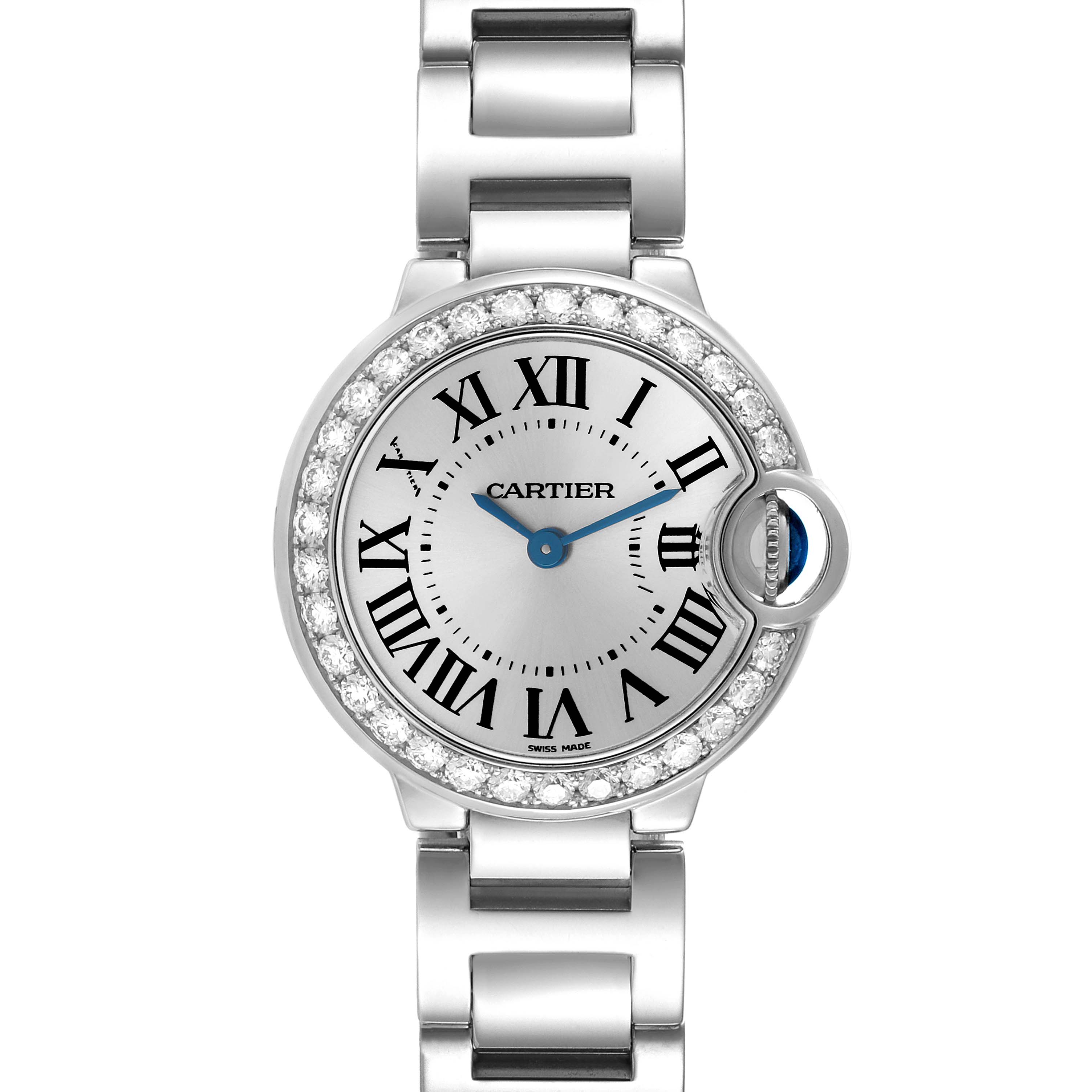 The Cartier Ballon Bleu WE9003Z3 Women's White Gold Silver Dial WE9003Z3 Women's White Gold Silver Dial watch is shown from a front view, displaying the face, Roman numerals, and part of the bracelet.