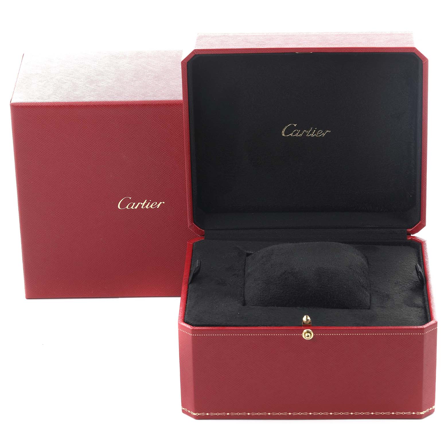 The image shows an open red Cartier watch box for the Ballon Bleu model, without the watch inside.