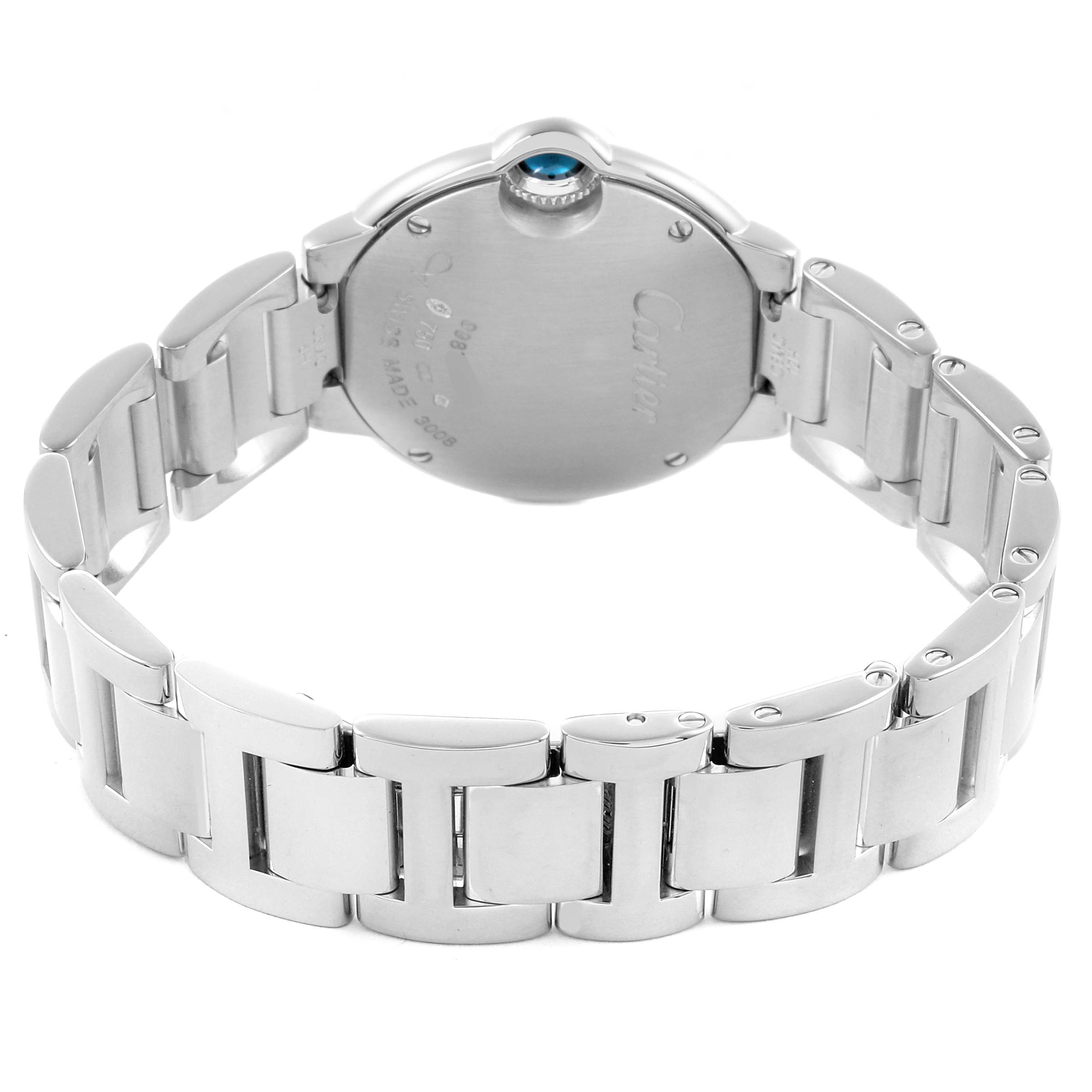 The image shows the back and bracelet of the Cartier Ballon Bleu WE9003Z3 Women's White Gold Silver Dial WE9003Z3 Women's White Gold Silver Dial watch, highlighting the clasp and case back details.