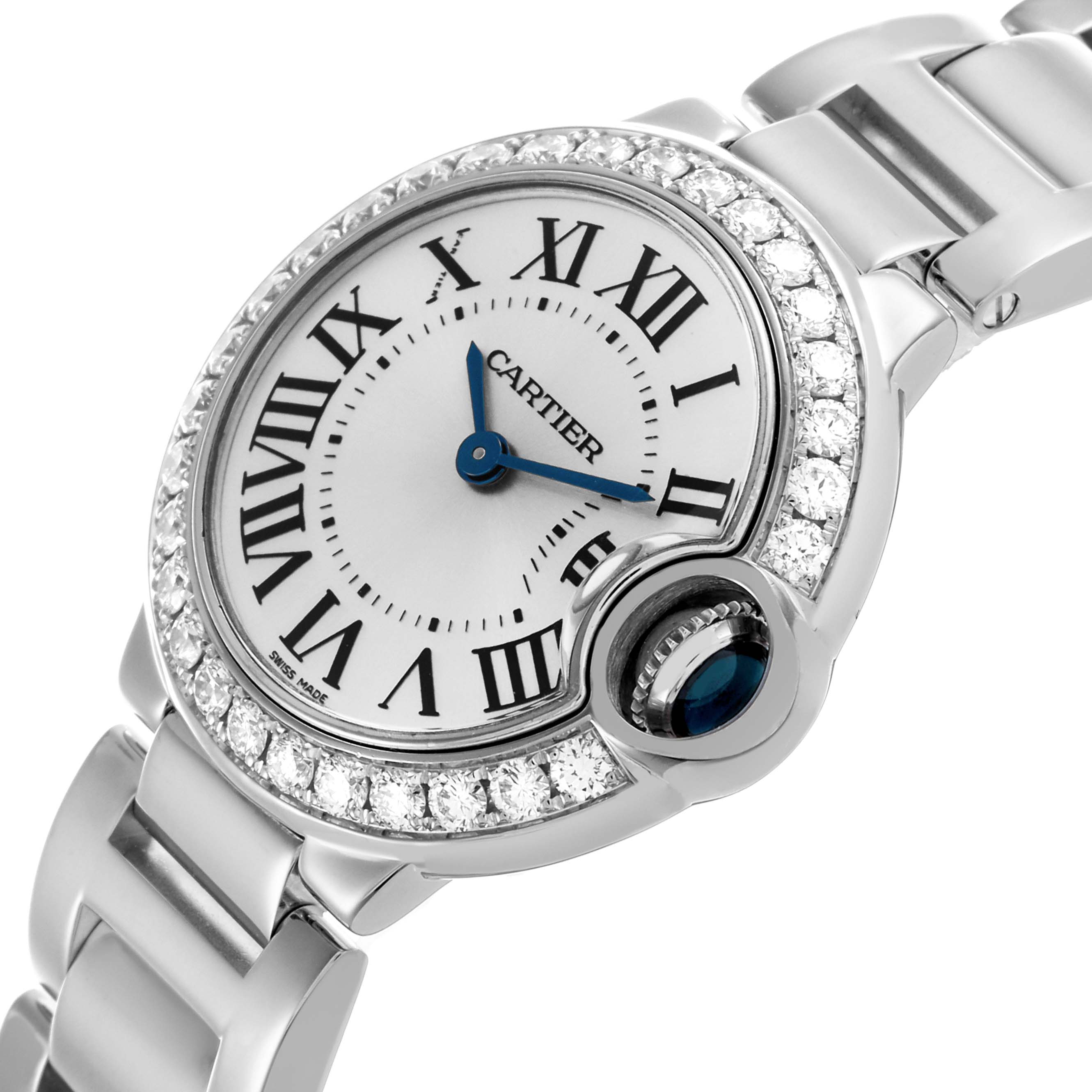 The Cartier Ballon Bleu WE9003Z3 Women's White Gold Silver Dial WE9003Z3 Women's White Gold Silver Dial watch is shown from an angled close-up, highlighting the diamond-studded bezel and blue cabochon crown.