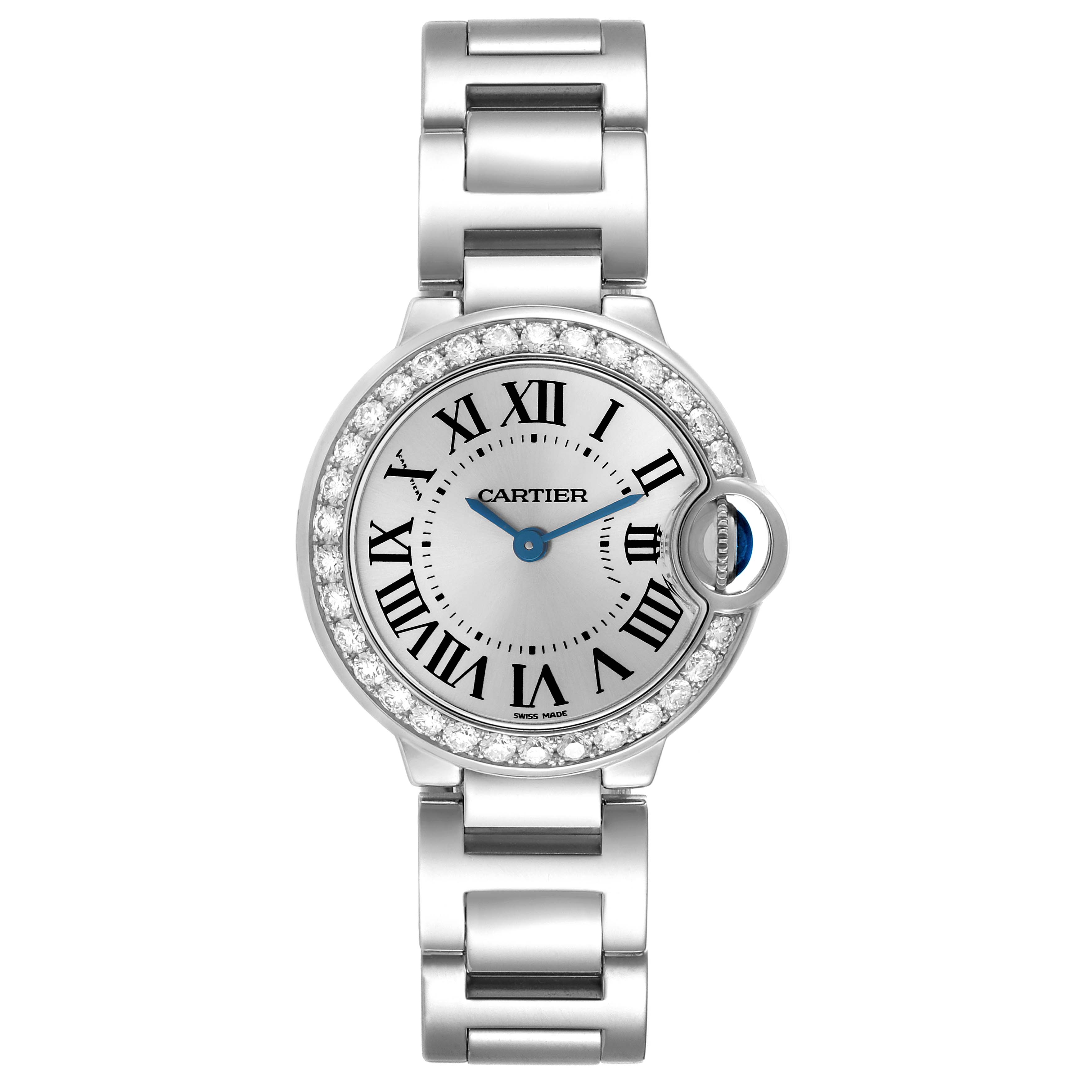The Cartier Ballon Bleu WE9003Z3 Women's White Gold Silver Dial WE9003Z3 Women's White Gold Silver Dial watch is shown from a top-down angle, displaying the face, bezel, Roman numerals, and part of the bracelet.