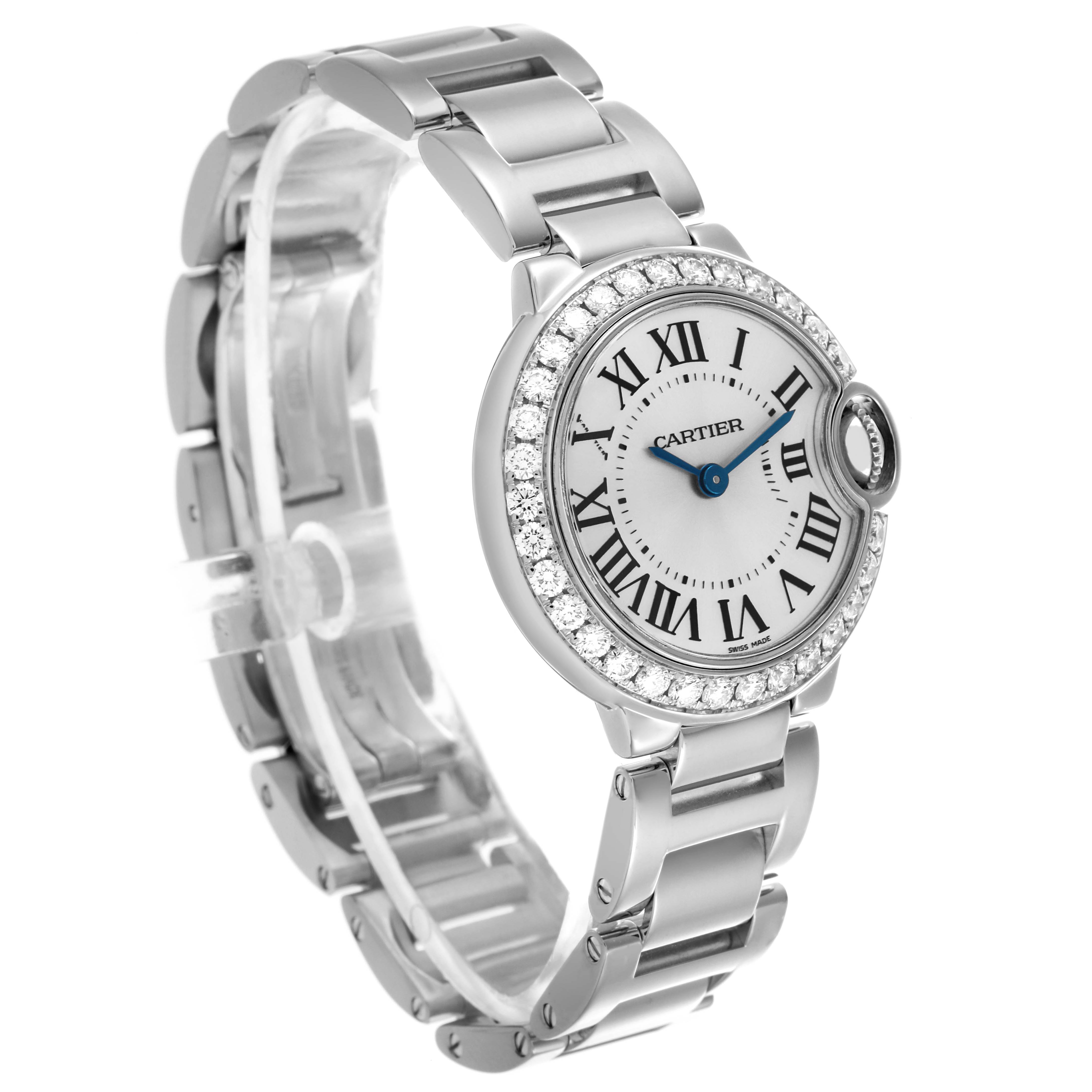 The Cartier Ballon Bleu WE9003Z3 Women's White Gold Silver Dial WE9003Z3 Women's White Gold Silver Dial watch is shown at a three-quarter angle, highlighting the bezel, dial, and part of the bracelet.