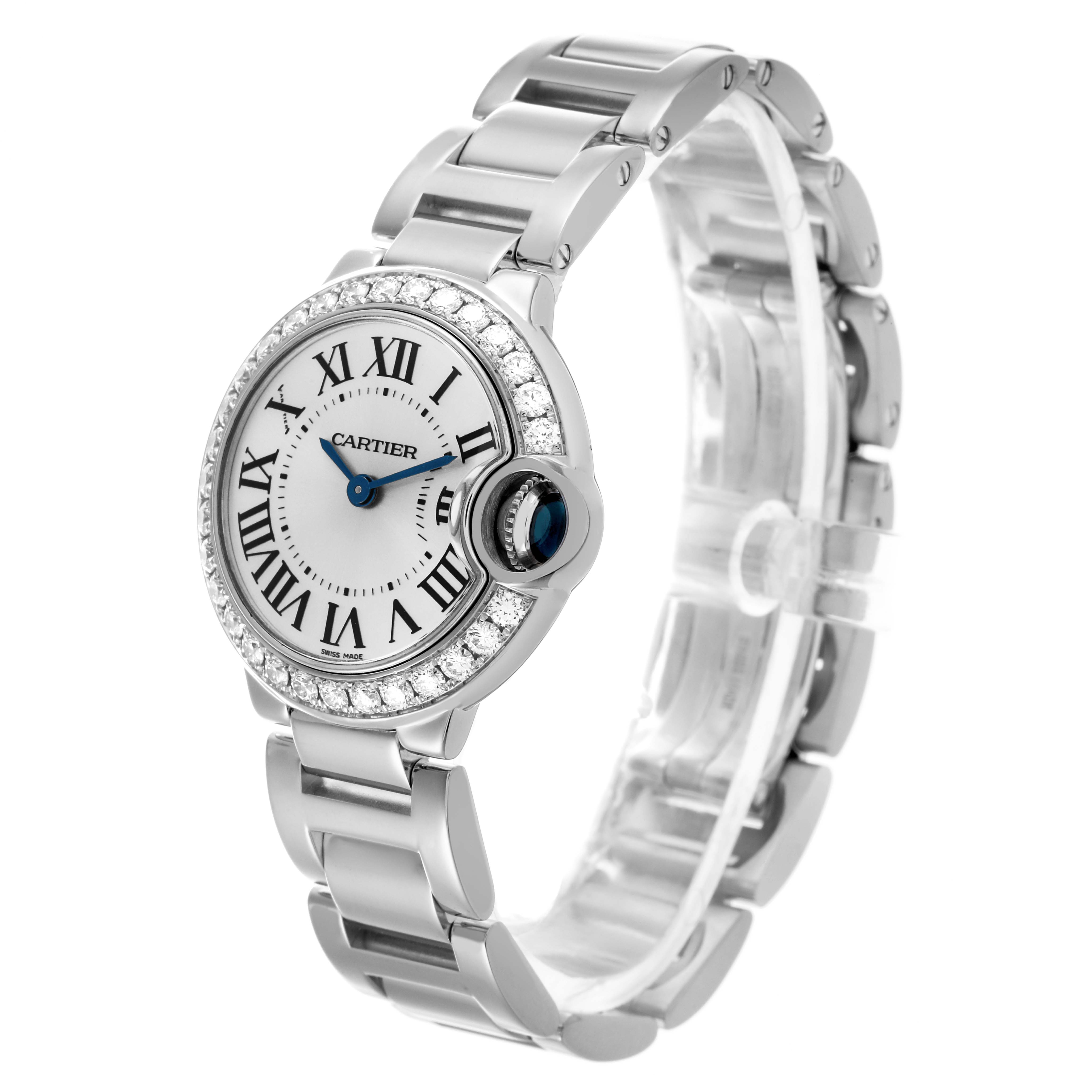 This Cartier Ballon Bleu WE9003Z3 Women's White Gold Silver Dial WE9003Z3 Women's White Gold Silver Dial watch is shown at a three-quarter angle, highlighting the face, bezel, and bracelet.