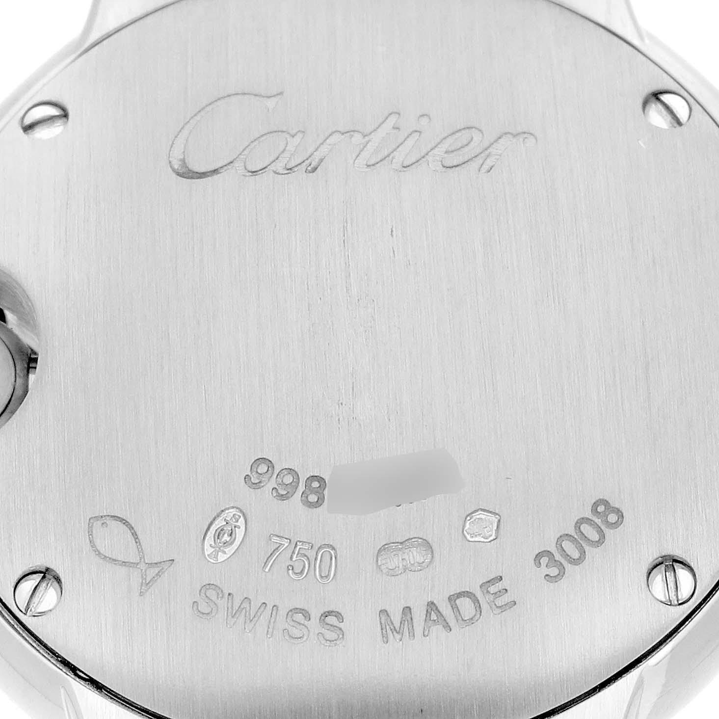The image shows the back of a Cartier Ballon Bleu WE9003Z3 Women's White Gold Silver Dial WE9003Z3 Women's White Gold Silver Dial watch featuring engravings and hallmarks.