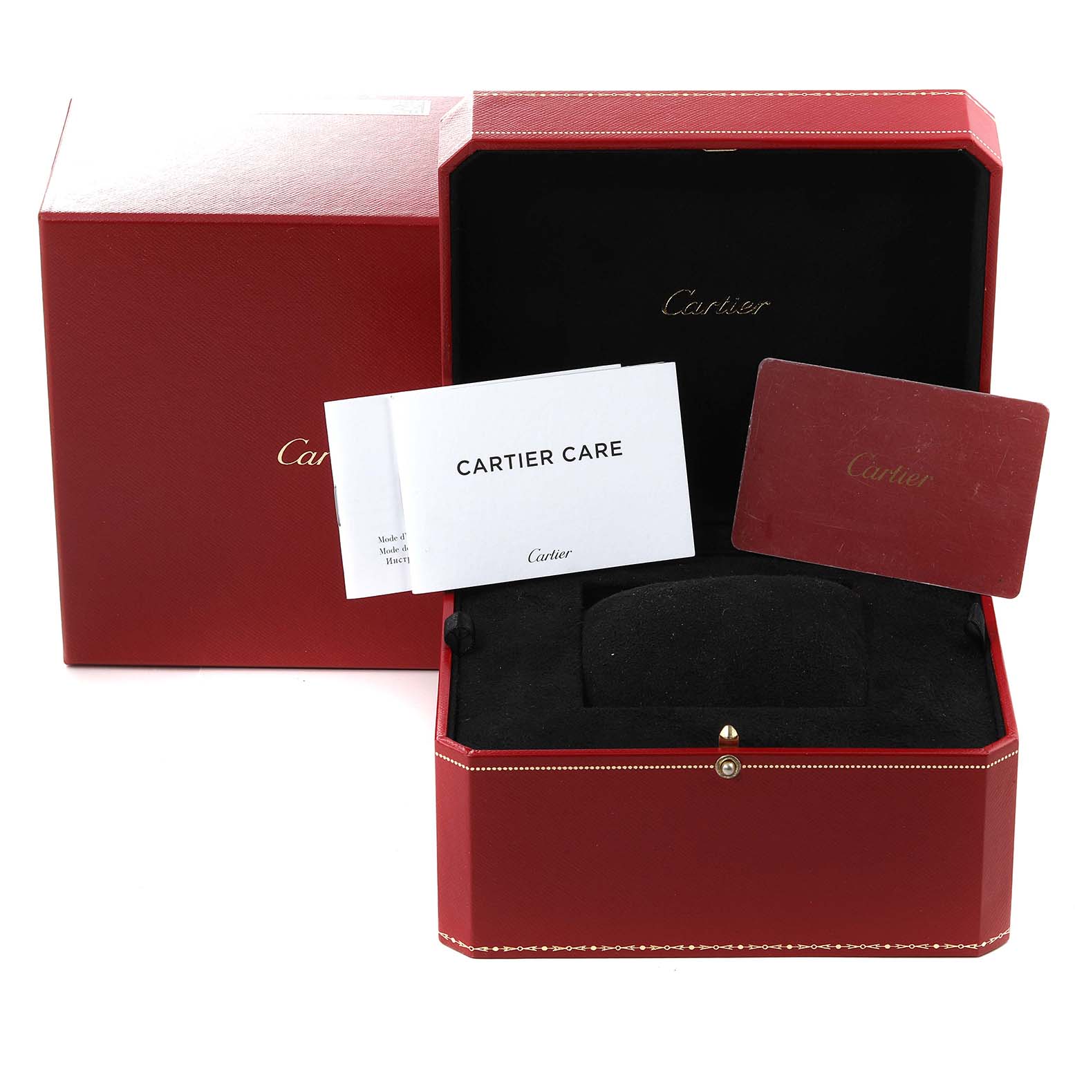 The image shows a Cartier Santos Dumont WGSA0021 Men's Rose Gold Silver Dial WGSA0021 Men's Rose Gold Silver Dial watch box, Cartier Care booklet, and a red card.