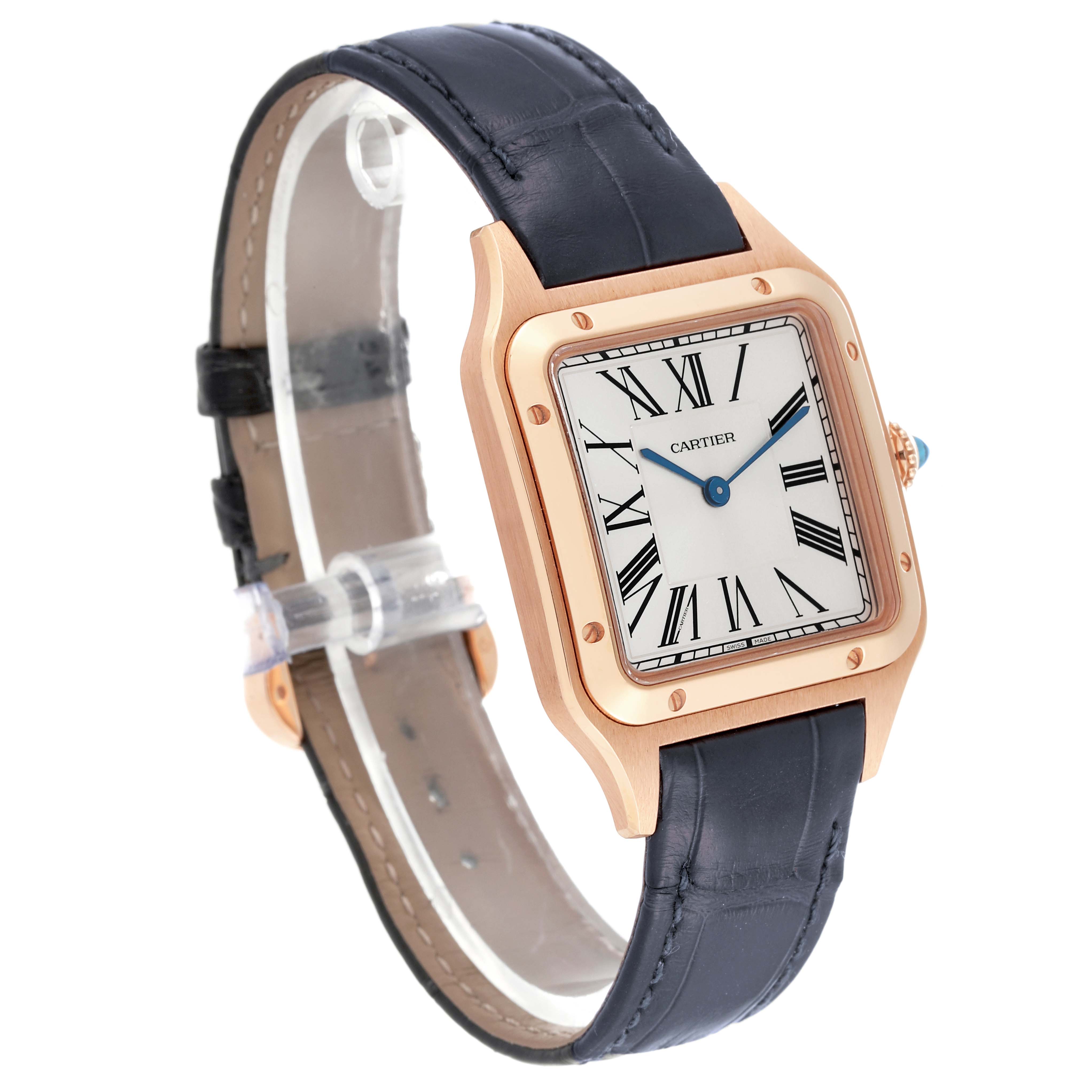 This Cartier Santos Dumont WGSA0021 Men's Rose Gold Silver Dial WGSA0021 Men's Rose Gold Silver Dial watch is shown at an angled side view, displaying its dial, case, and leather strap.