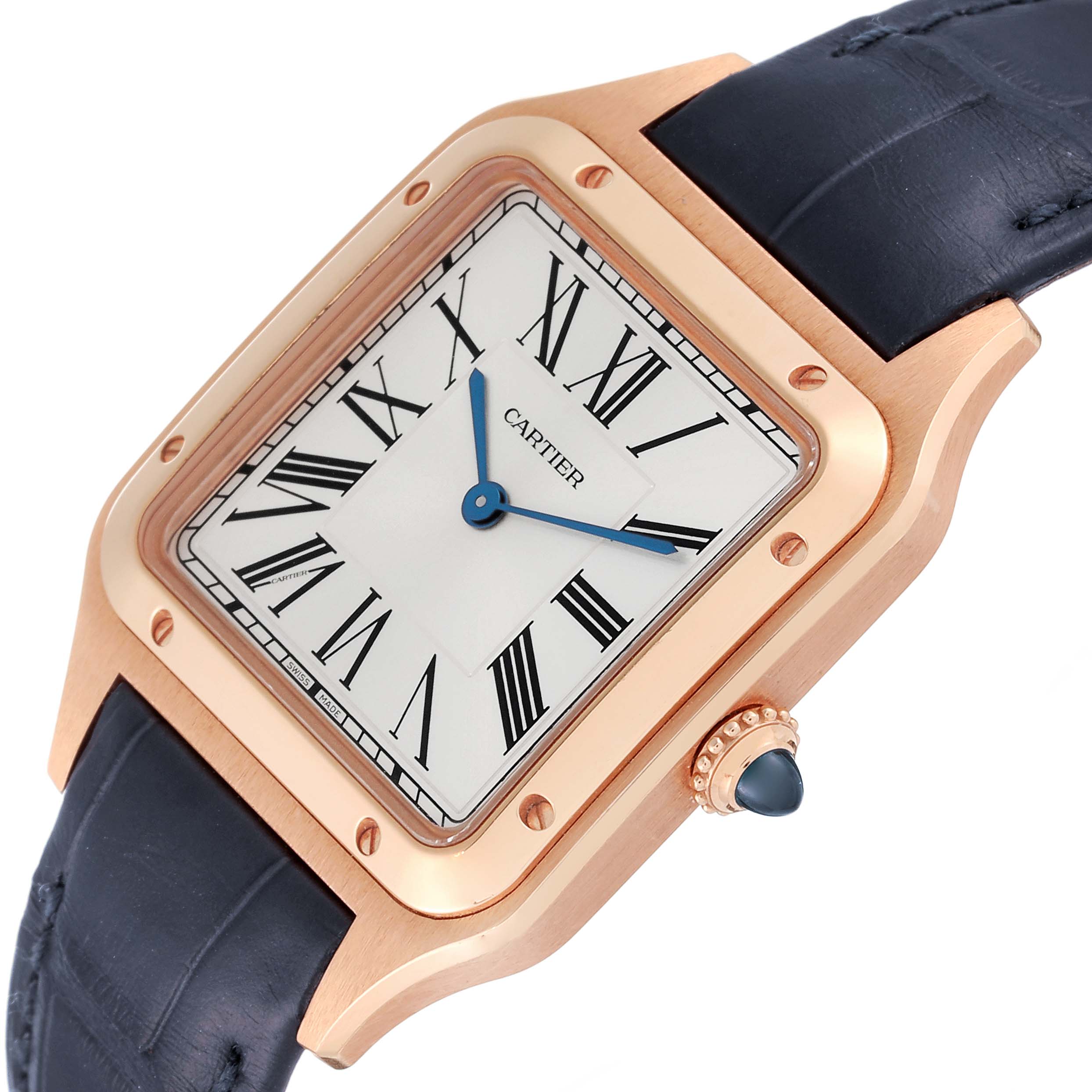 This image shows a Cartier Santos Dumont WGSA0021 Men's Rose Gold Silver Dial WGSA0021 Men's Rose Gold Silver Dial watch viewed from an angle highlighting the face, crown, and part of the strap.