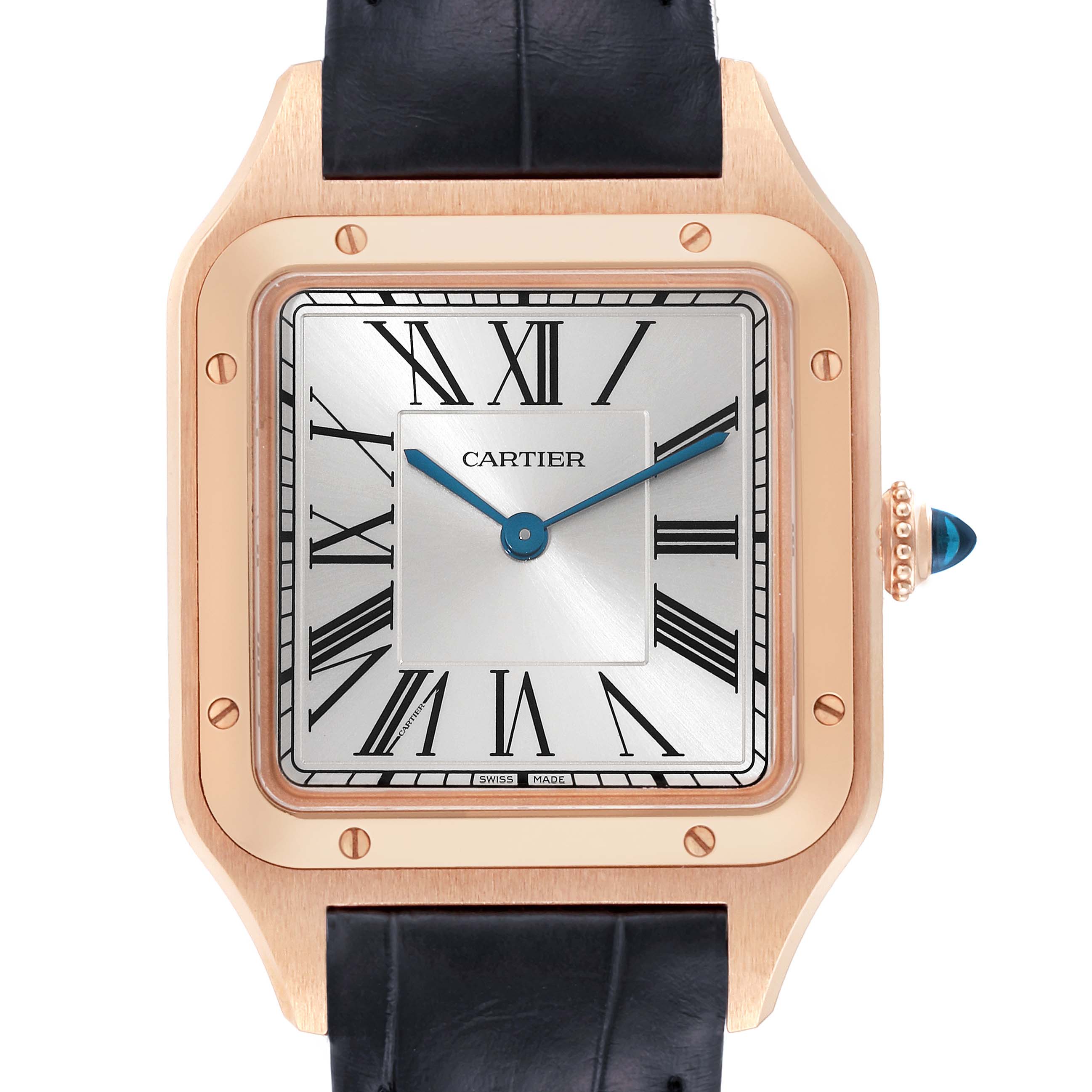 The image shows a front angle of the Cartier Santos Dumont WGSA0021 Men's Rose Gold Silver Dial WGSA0021 Men's Rose Gold Silver Dial watch, highlighting its square dial, Roman numerals, and gold case.